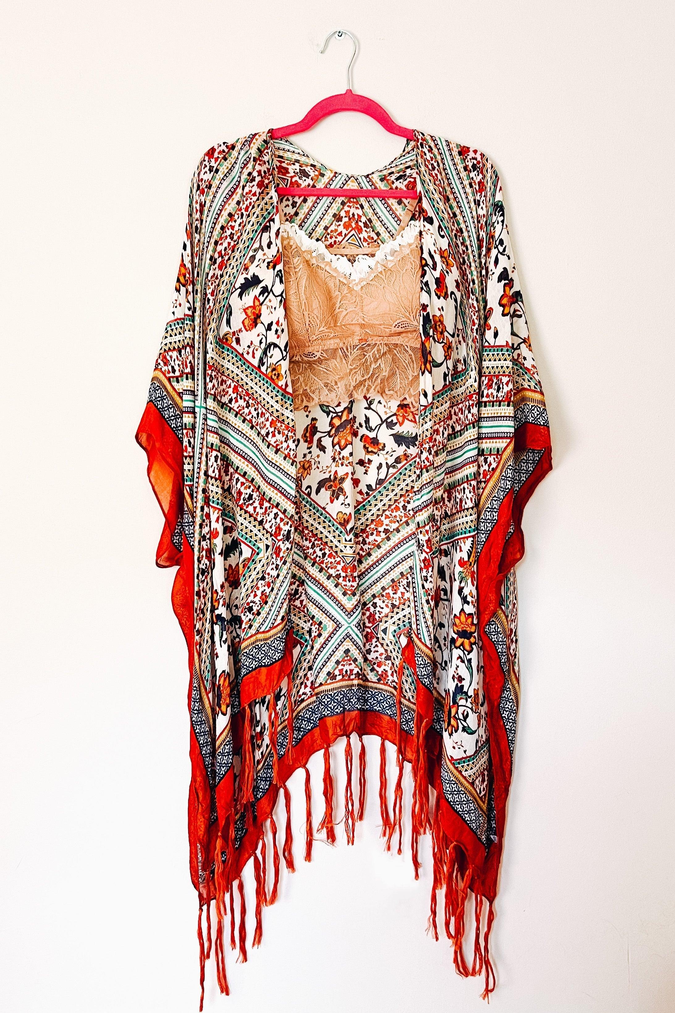 Delia Bohemian Diamond Tassel Kimono Layering Piece • Rust - Atomic Wildflower