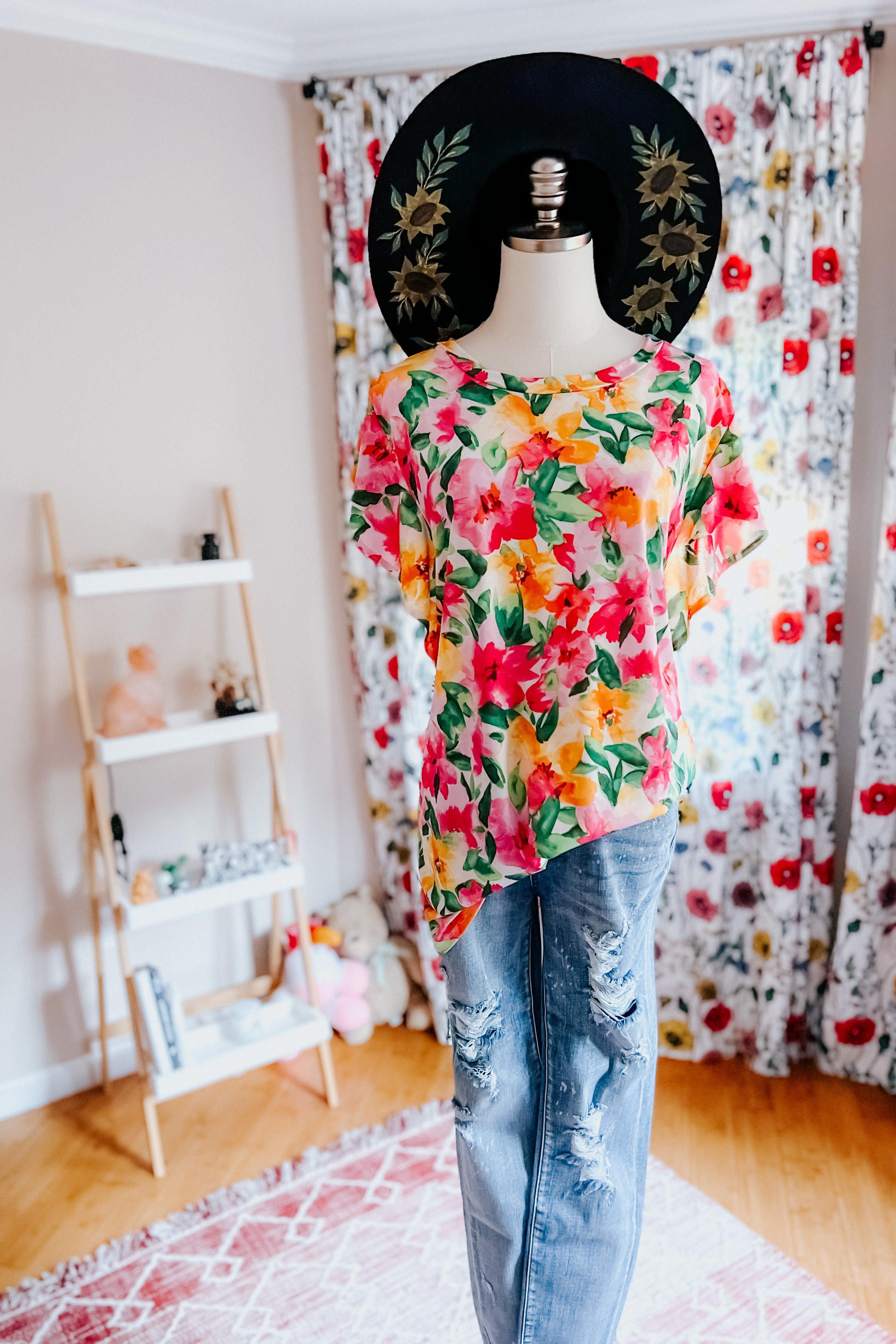 Vanessa Watercolor Floral Ruffle Sleeve Top - Atomic Wildflower