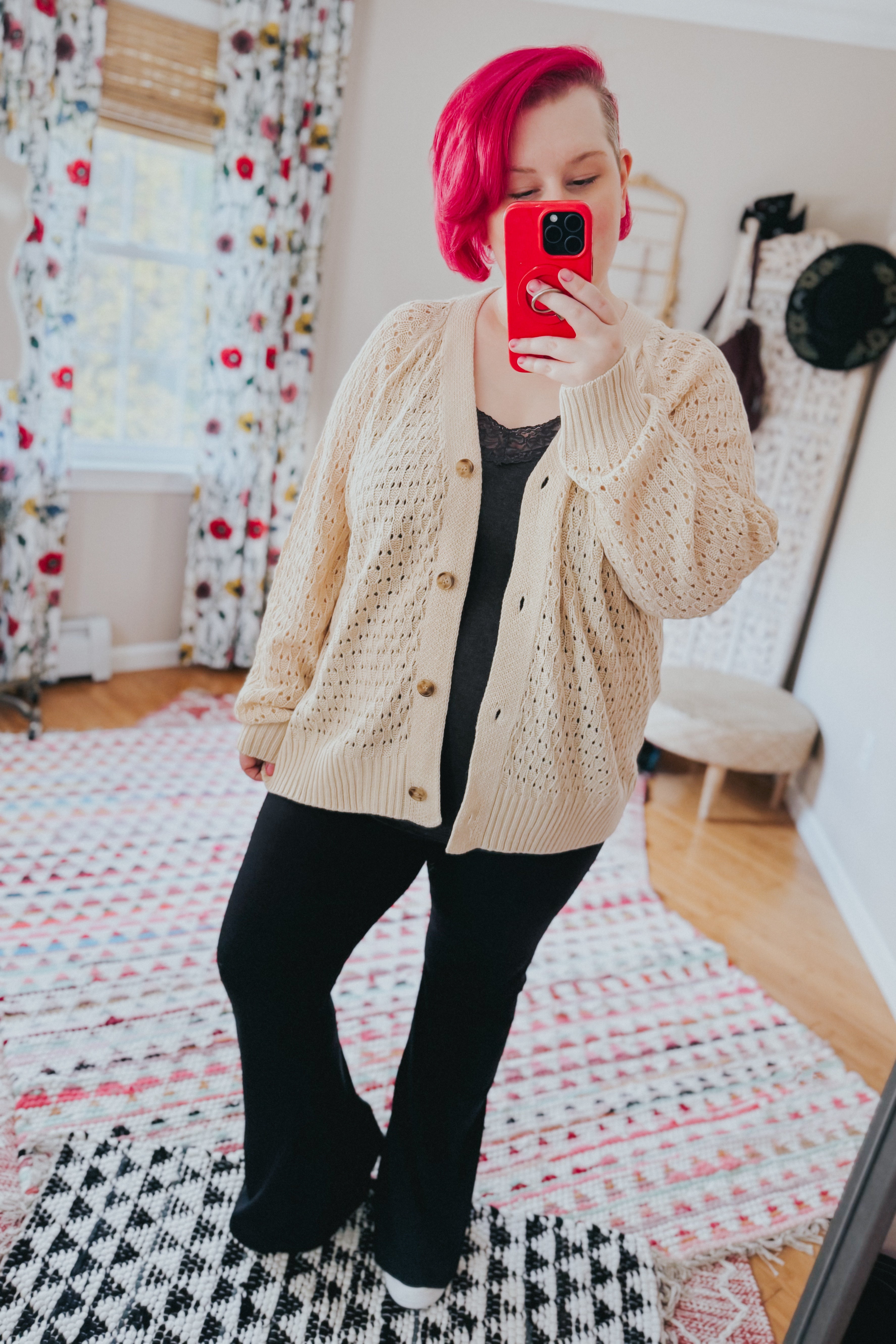 Wallflower Pointelle Knit Button Down Cardigan • Oatmeal