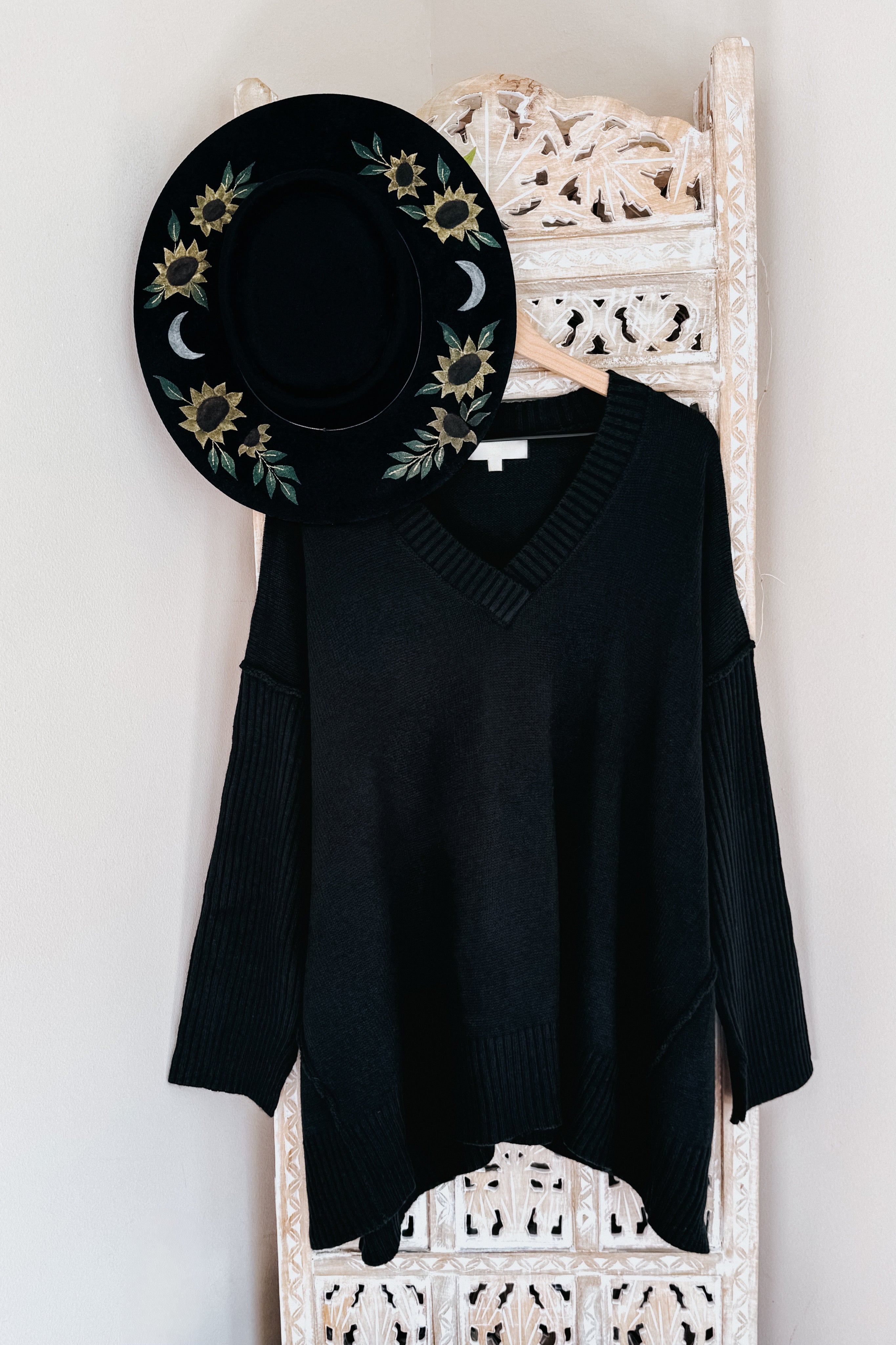 Daydream V Neck Rib Knit Sweater • Black