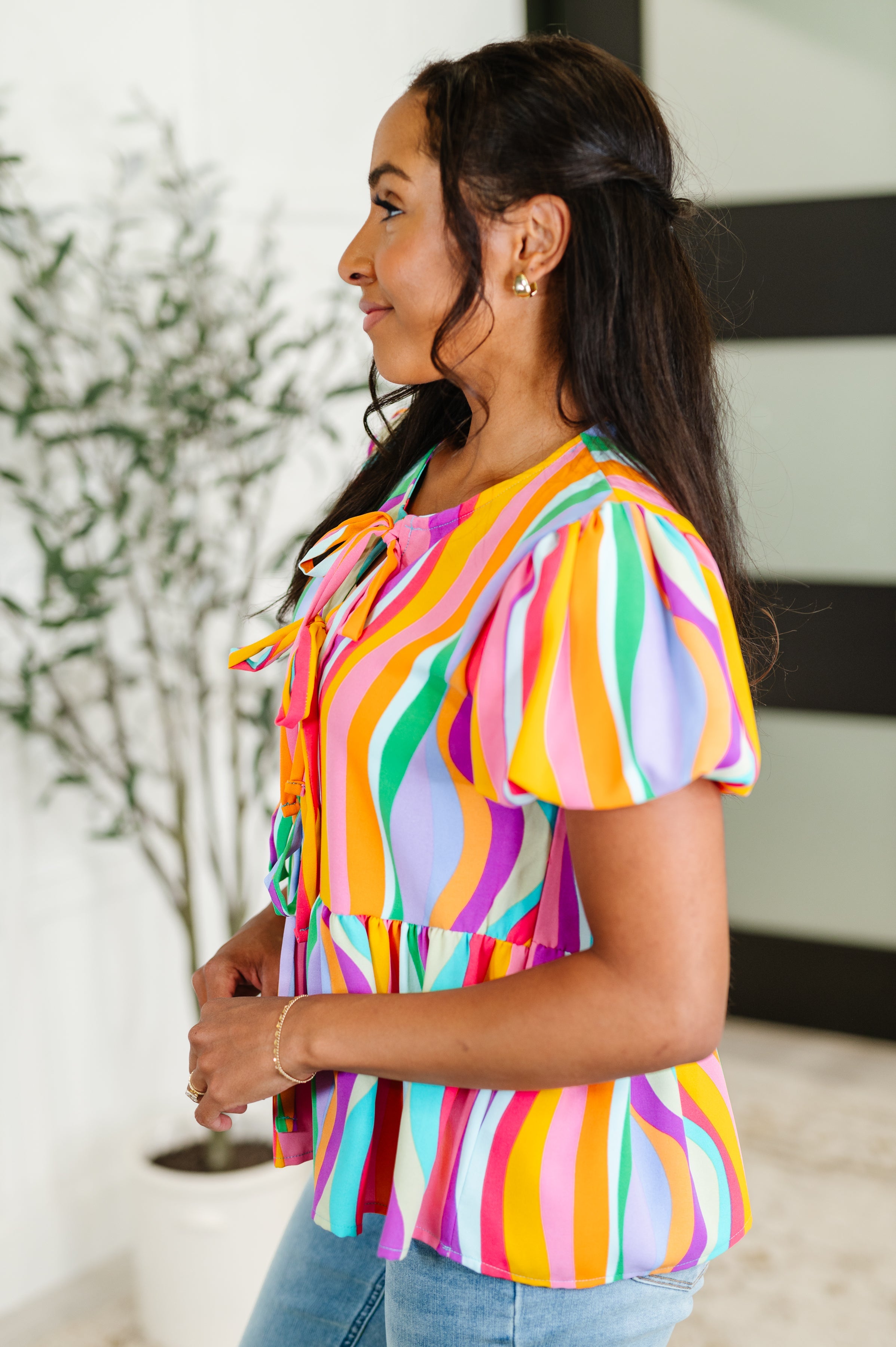Chromatide Puff Sleeve Blouse • Mint/Orange