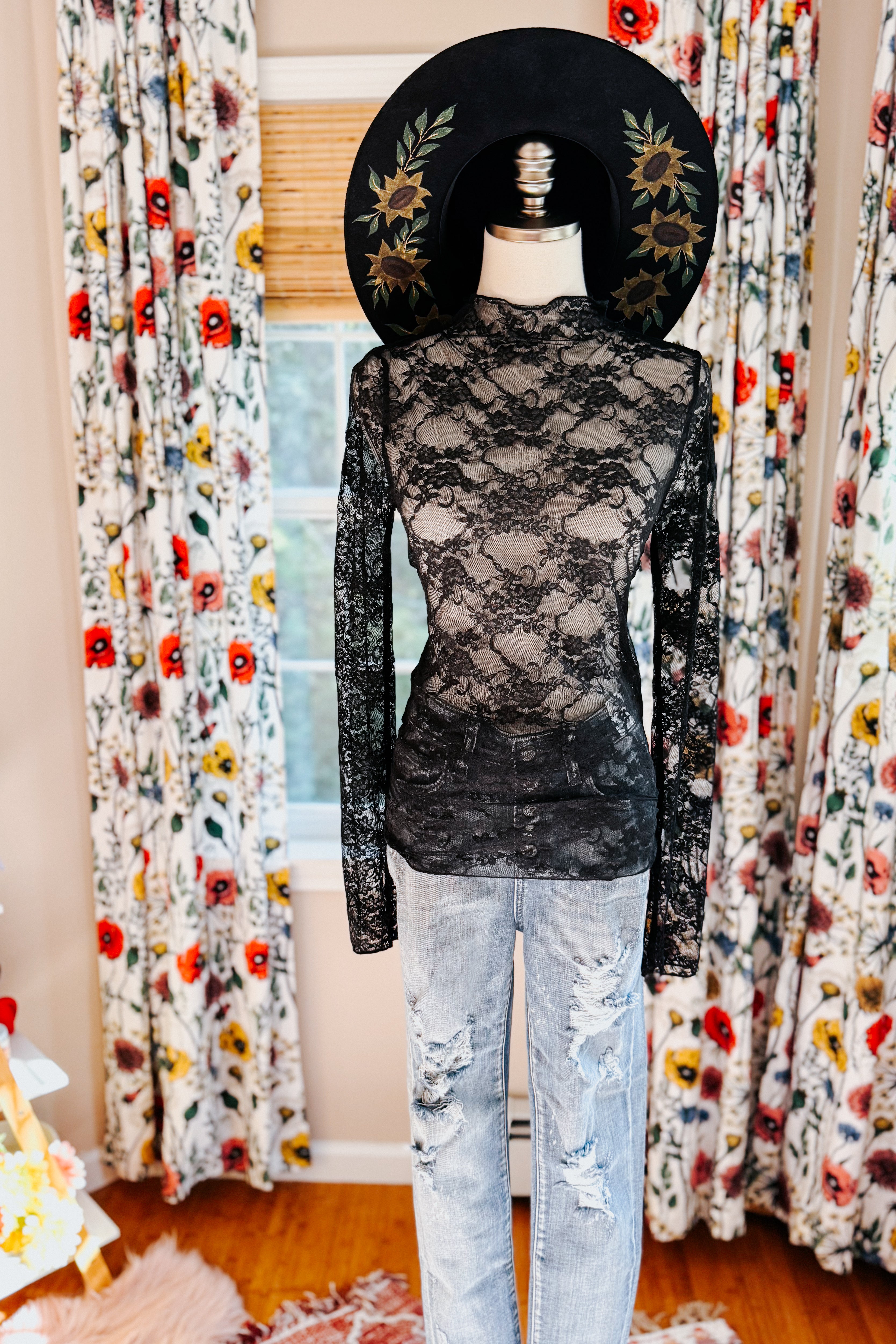 A Feminine Touch Semi Sheer Lace Top • Black