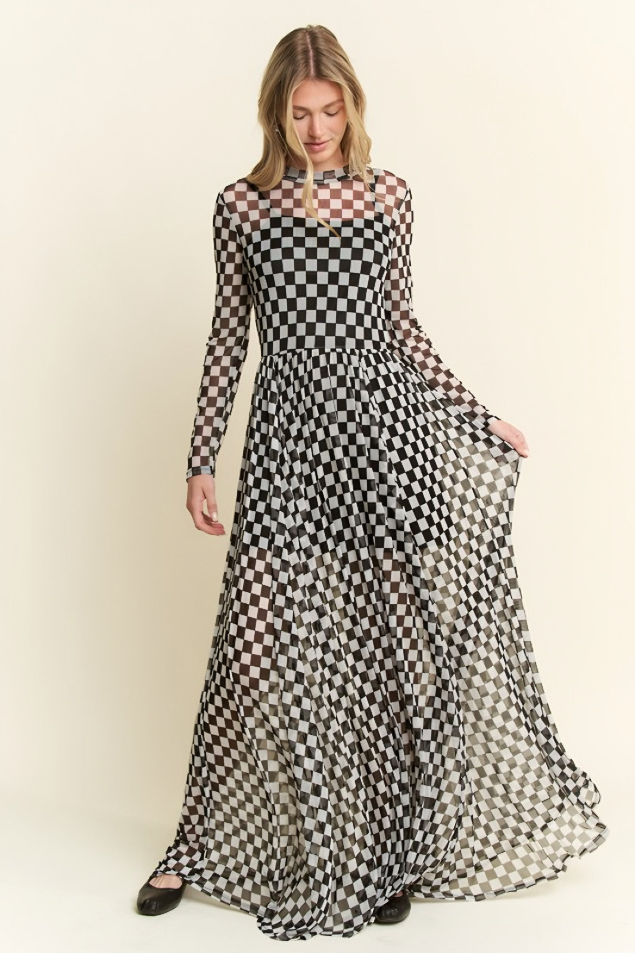 No Compromise Long Sleeve Checkered Print Mesh Maxi Dress