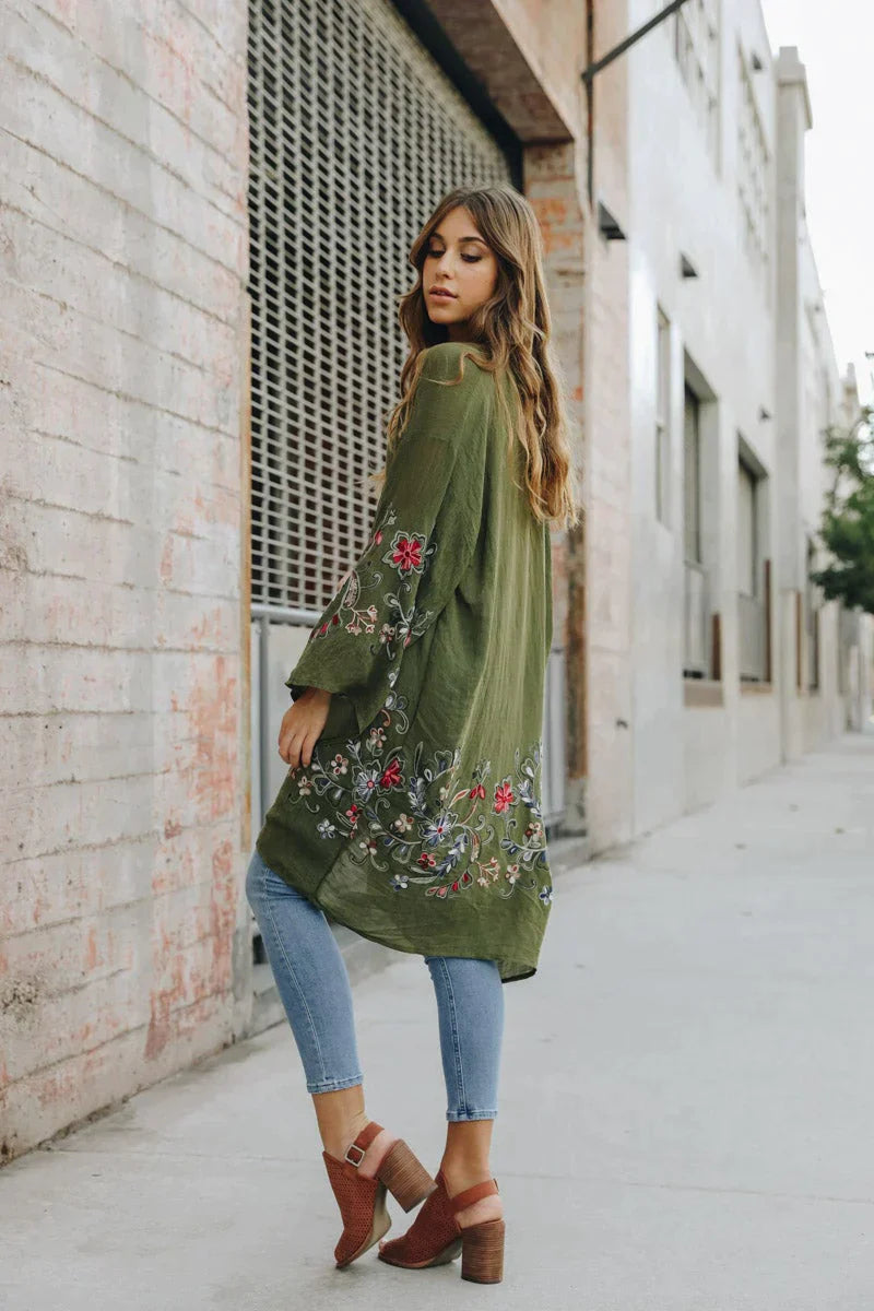 In The Meadow Embroidered Kimono • Olive - Atomic Wildflower