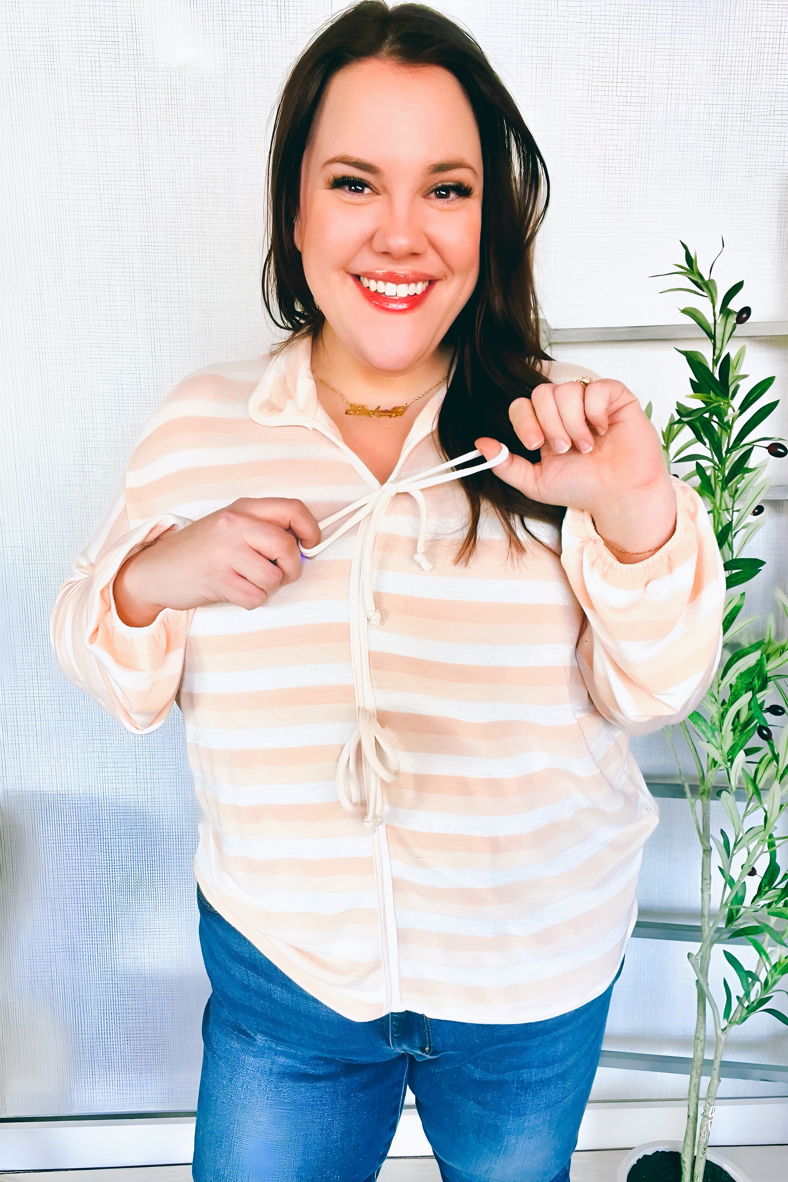 What You Say Striped Bow Tie Terry Top • Beige