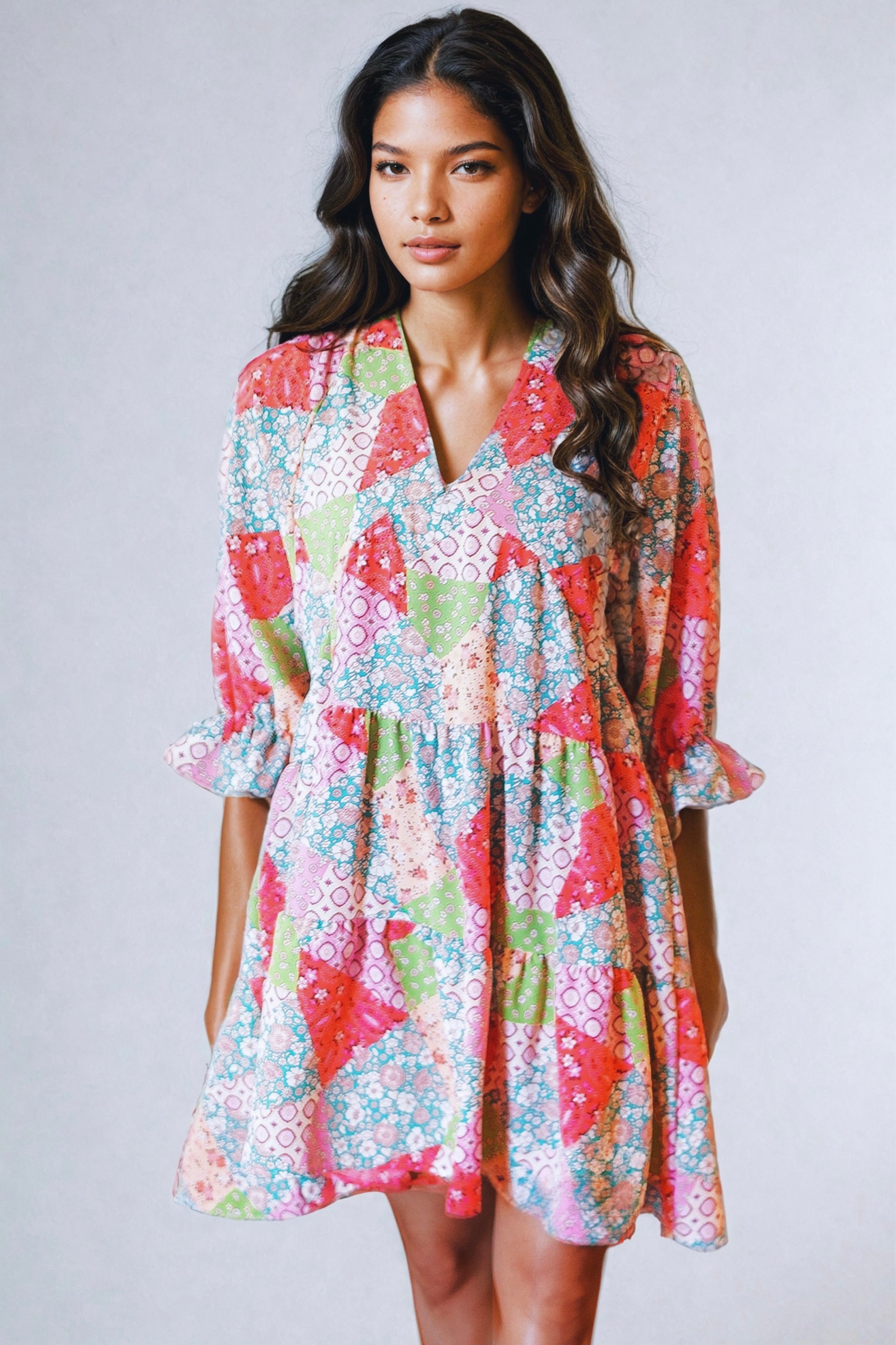 For The Love Of Patchwork Print V Neck Dress