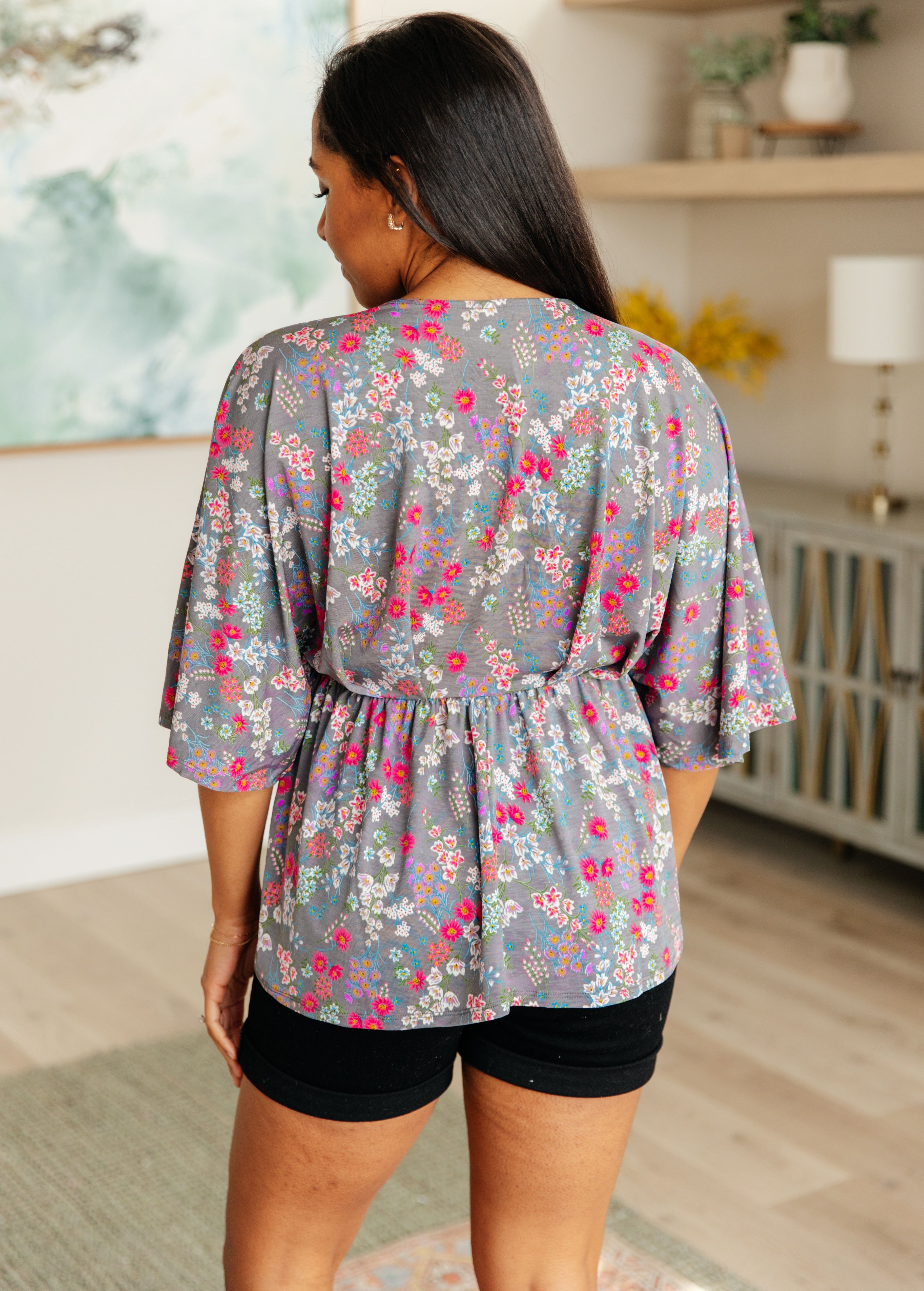 Dreamer Peplum Top • Grey and Pink Floral