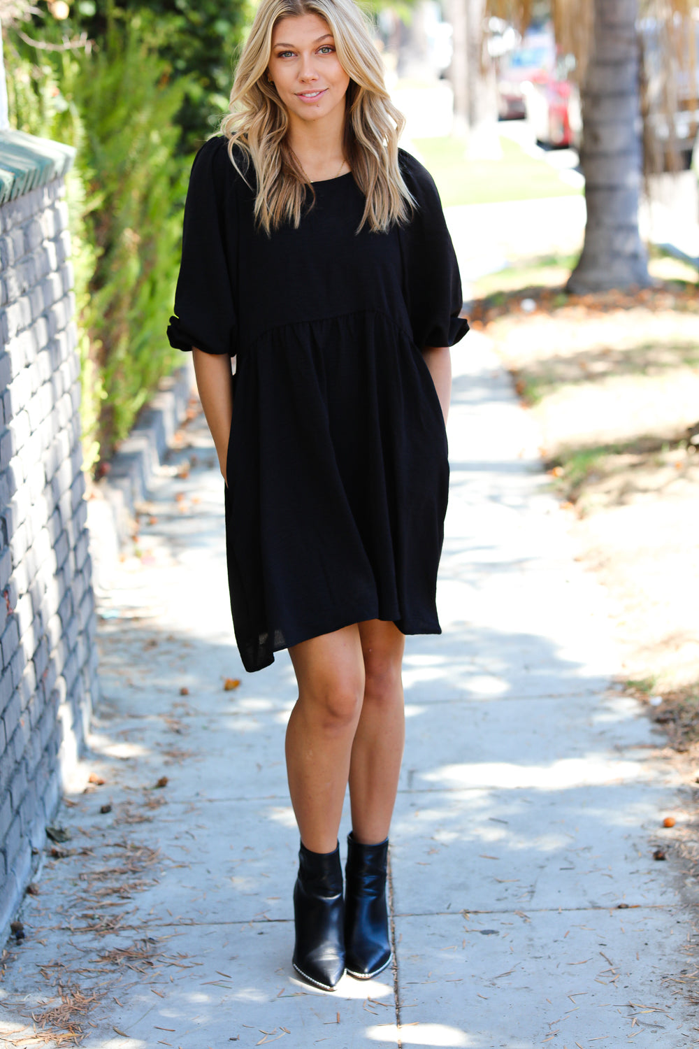 Can’t Tame Her Three Quarter Puff Sleeve Babydoll Dress • Black