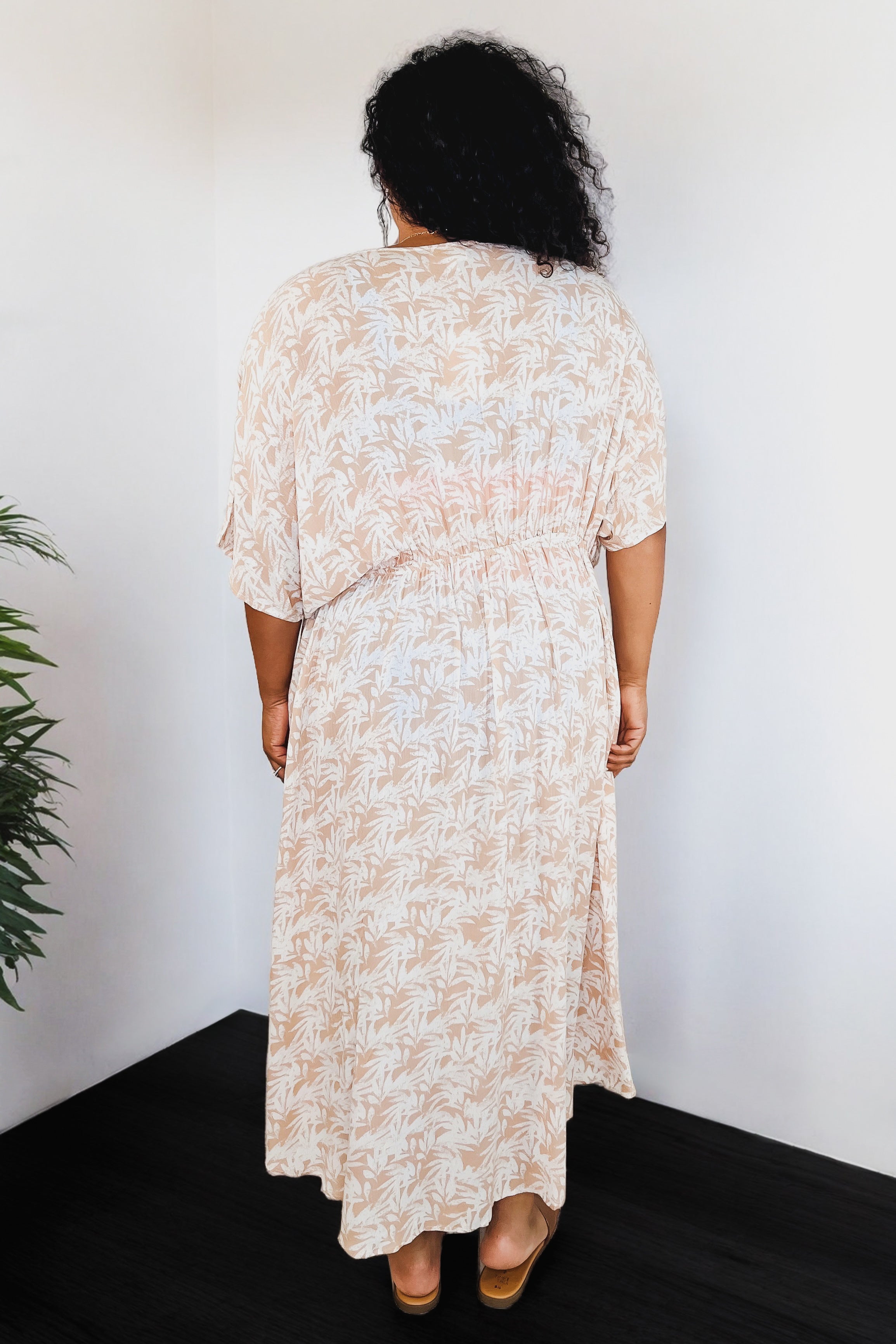 Tropical Print Gauze Swim Layering Piece with Elastic Waist Tie • Milk Tea