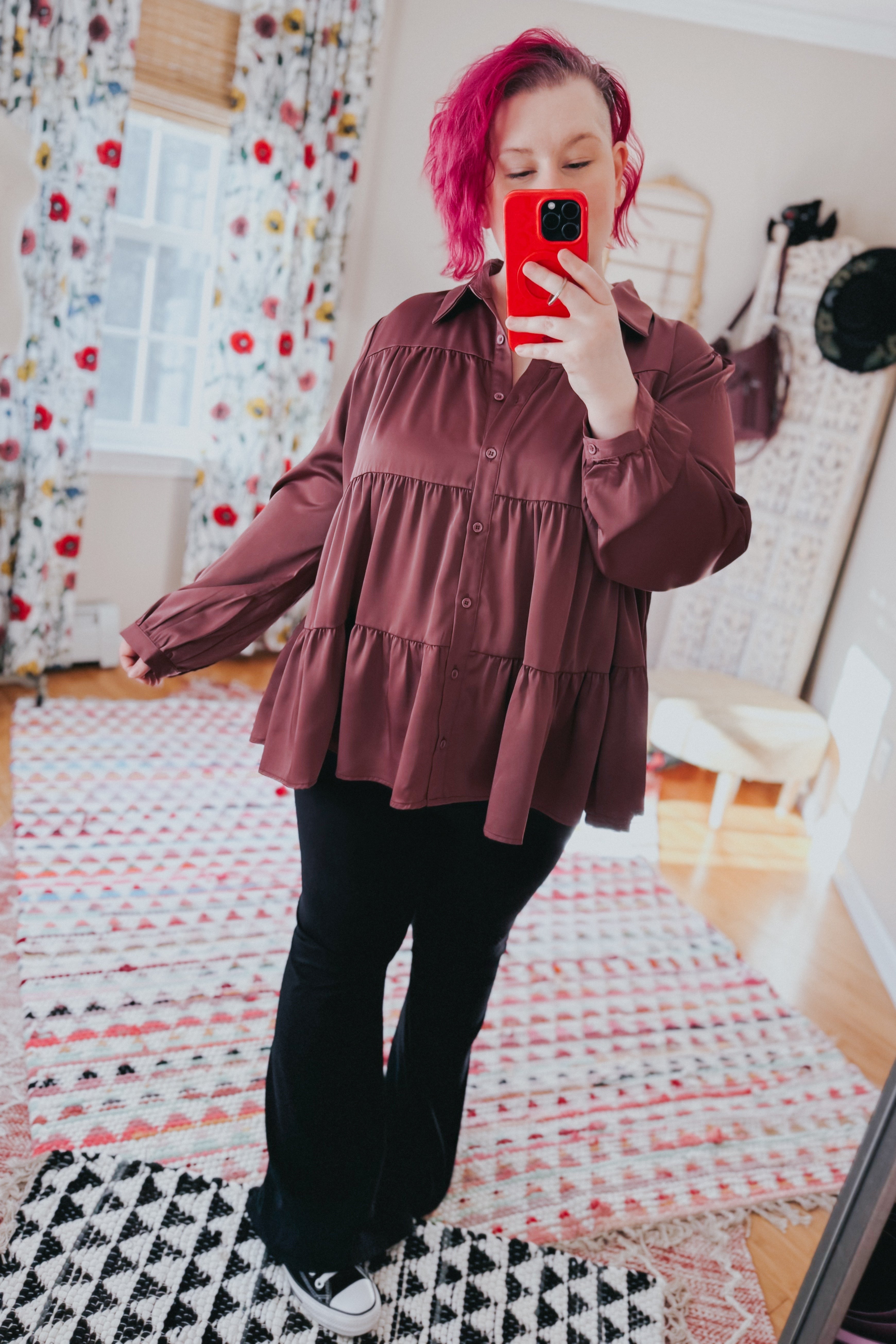 Need You Now Button Down Tiered Babydoll Satin Top • Dark Mauve
