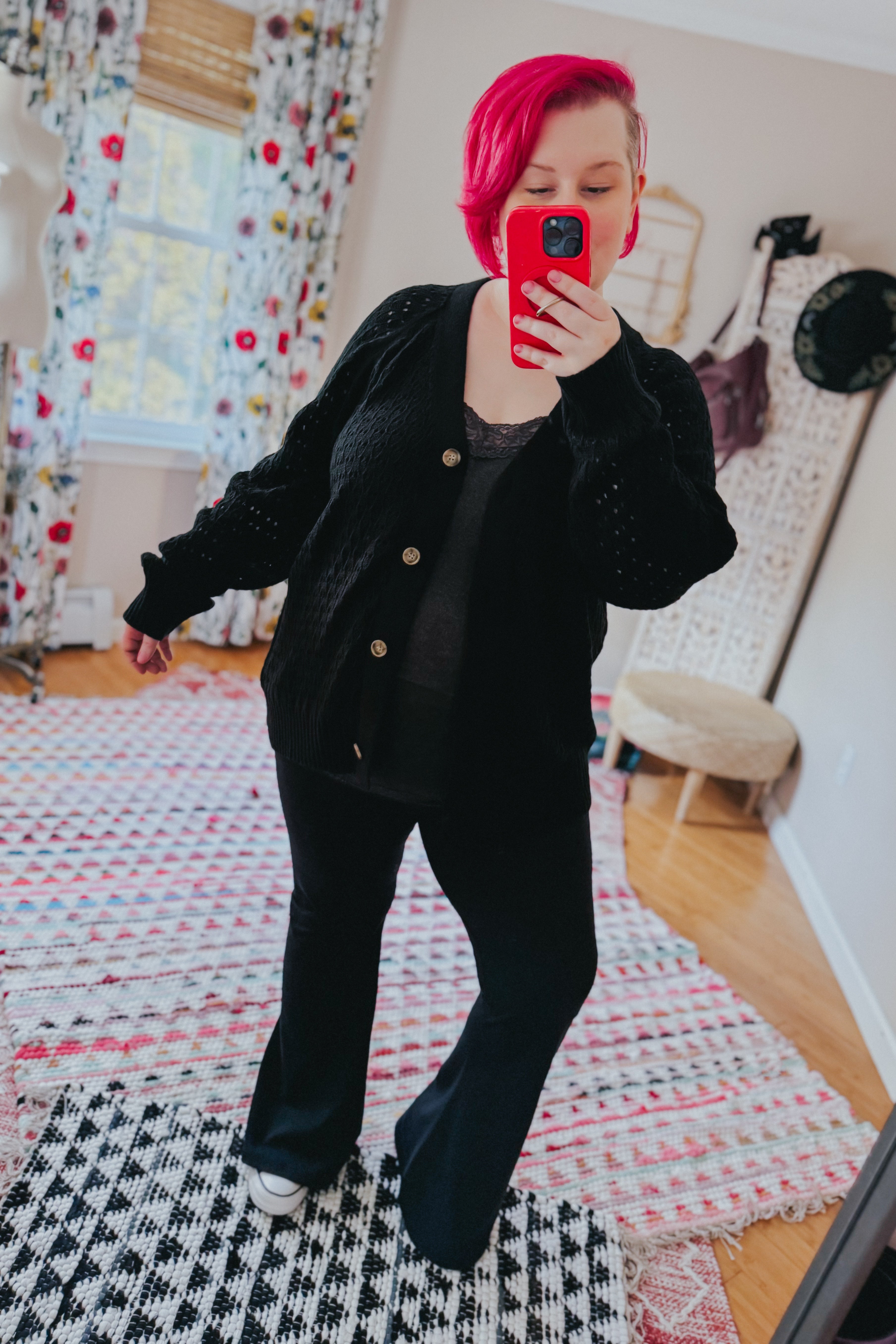 Wallflower Pointelle Knit Button Down Cardigan • Black
