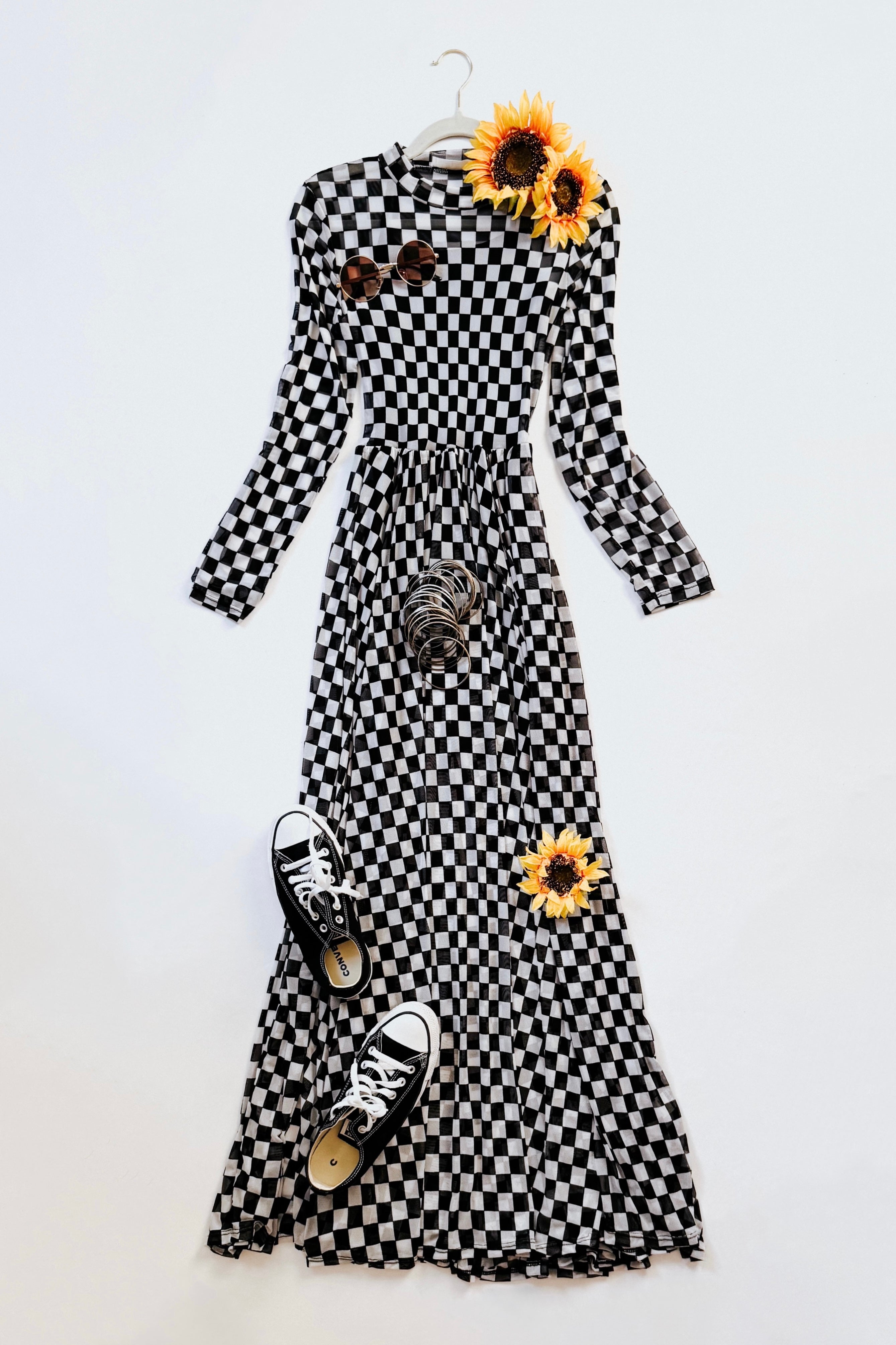 No Compromise Long Sleeve Checkered Print Mesh Maxi Dress