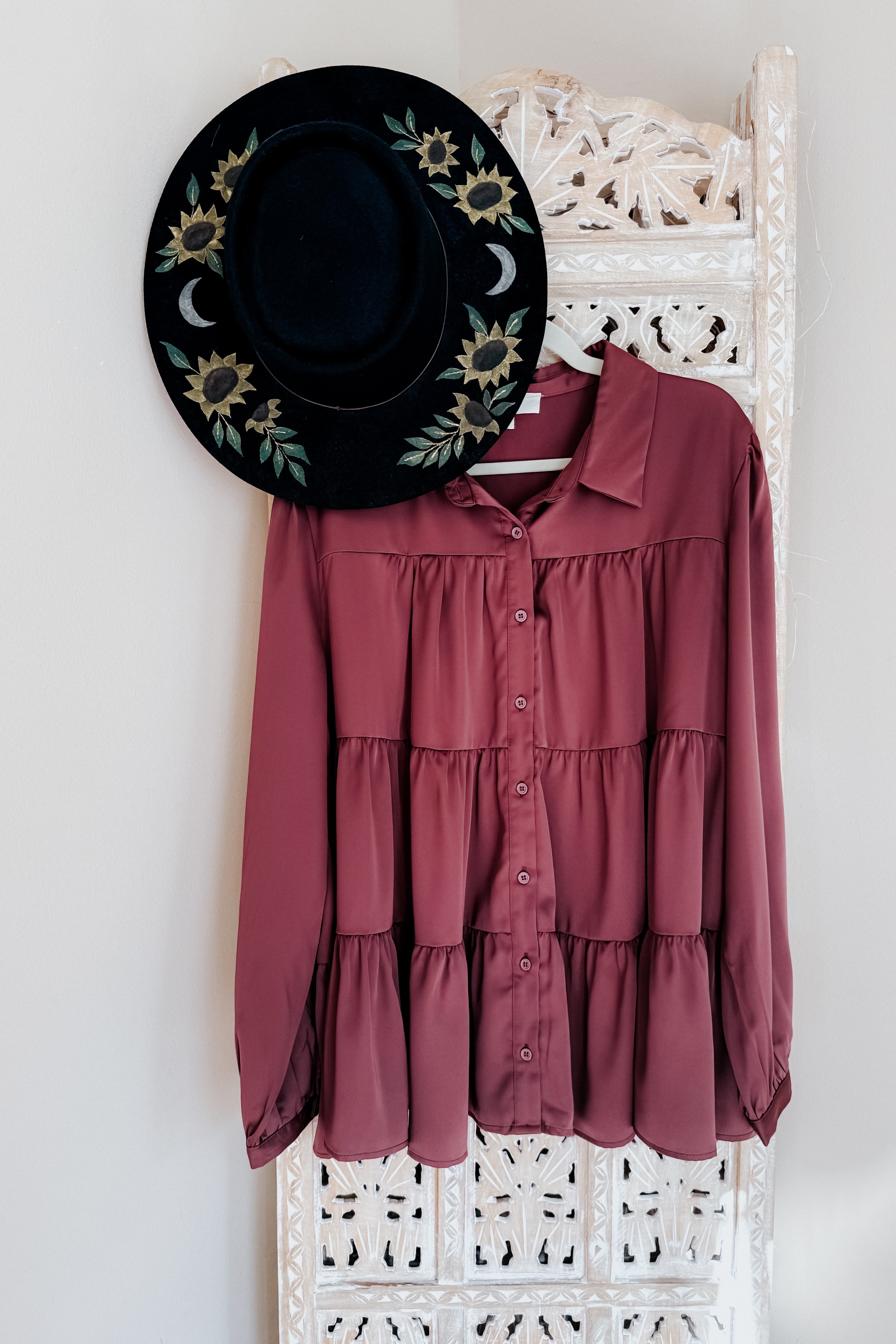 Need You Now Button Down Tiered Babydoll Satin Top • Dark Mauve