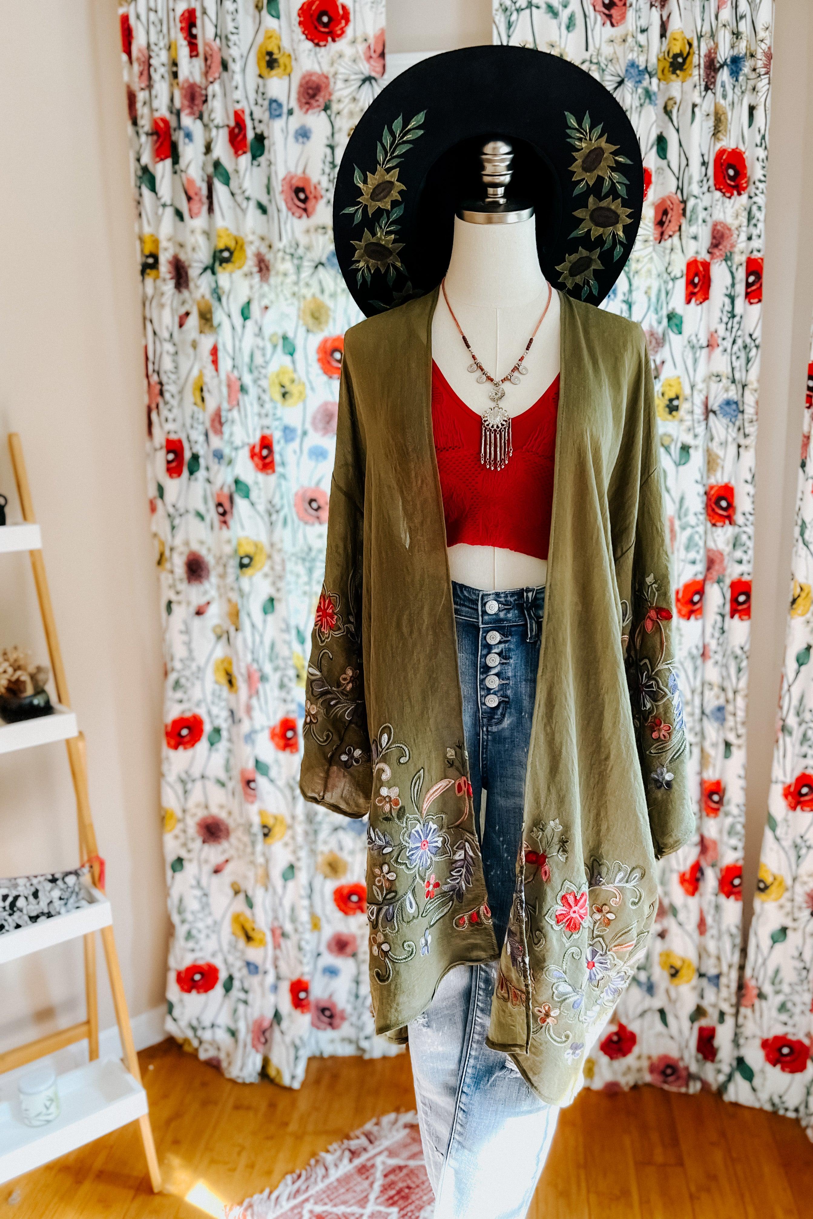 In The Meadow Embroidered Kimono • Olive - Atomic Wildflower