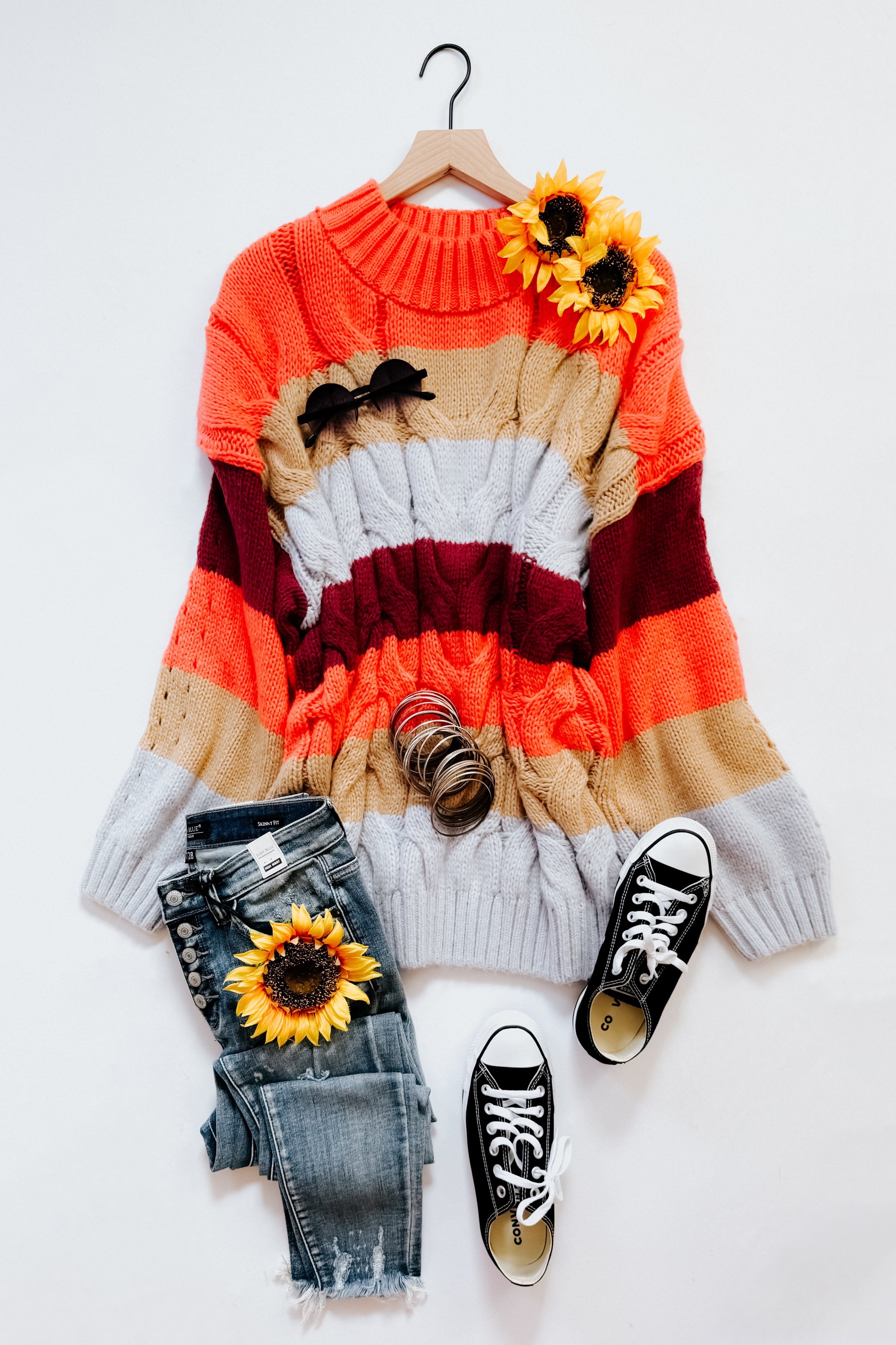 Your Blessings Stripe Cable Knit Mock Neck Sweater • Rust