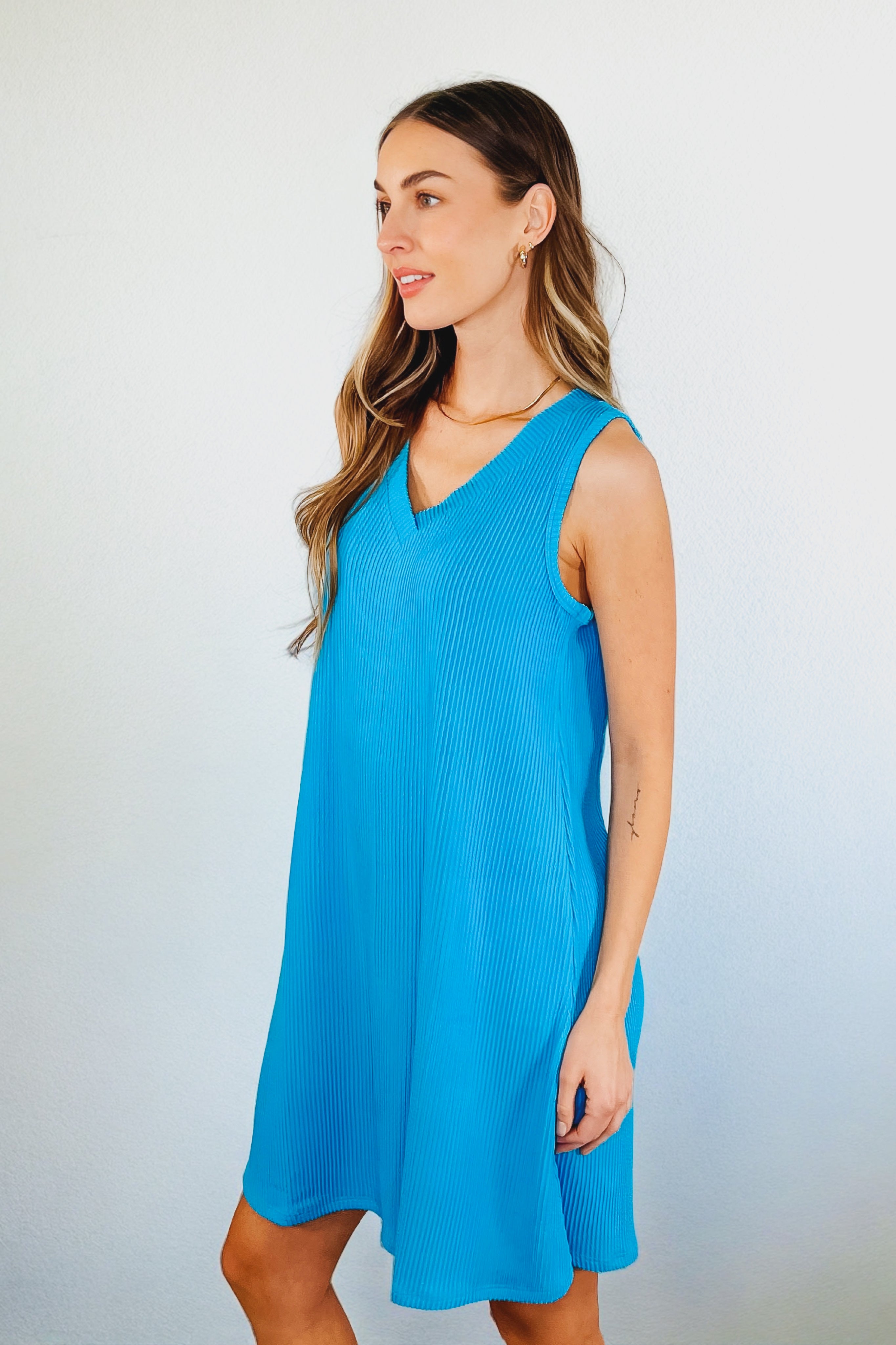 The Power I Hold V-Neck Ribbed Knit Dress • Aqua Glow