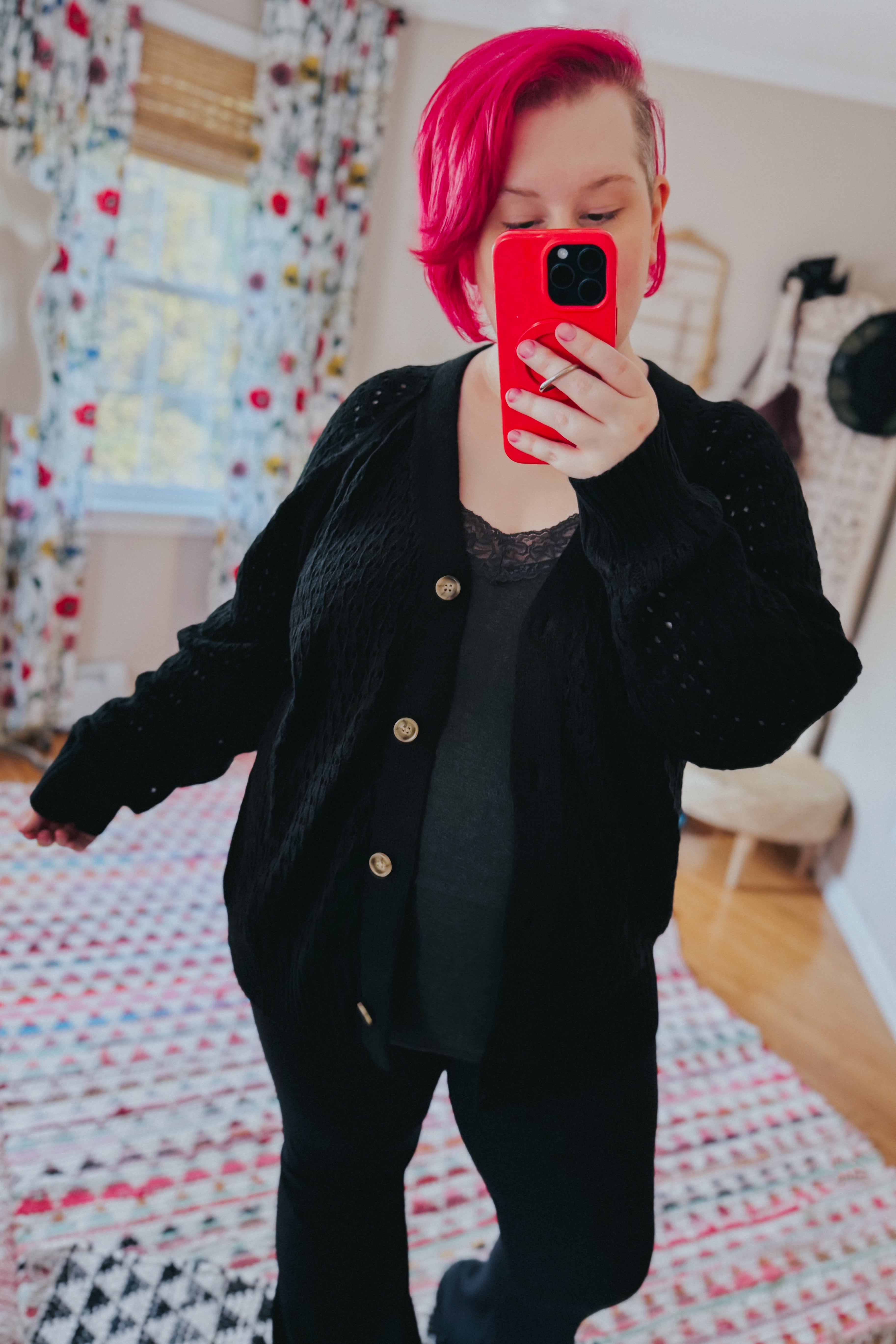 Wallflower Pointelle Knit Button Down Cardigan • Black