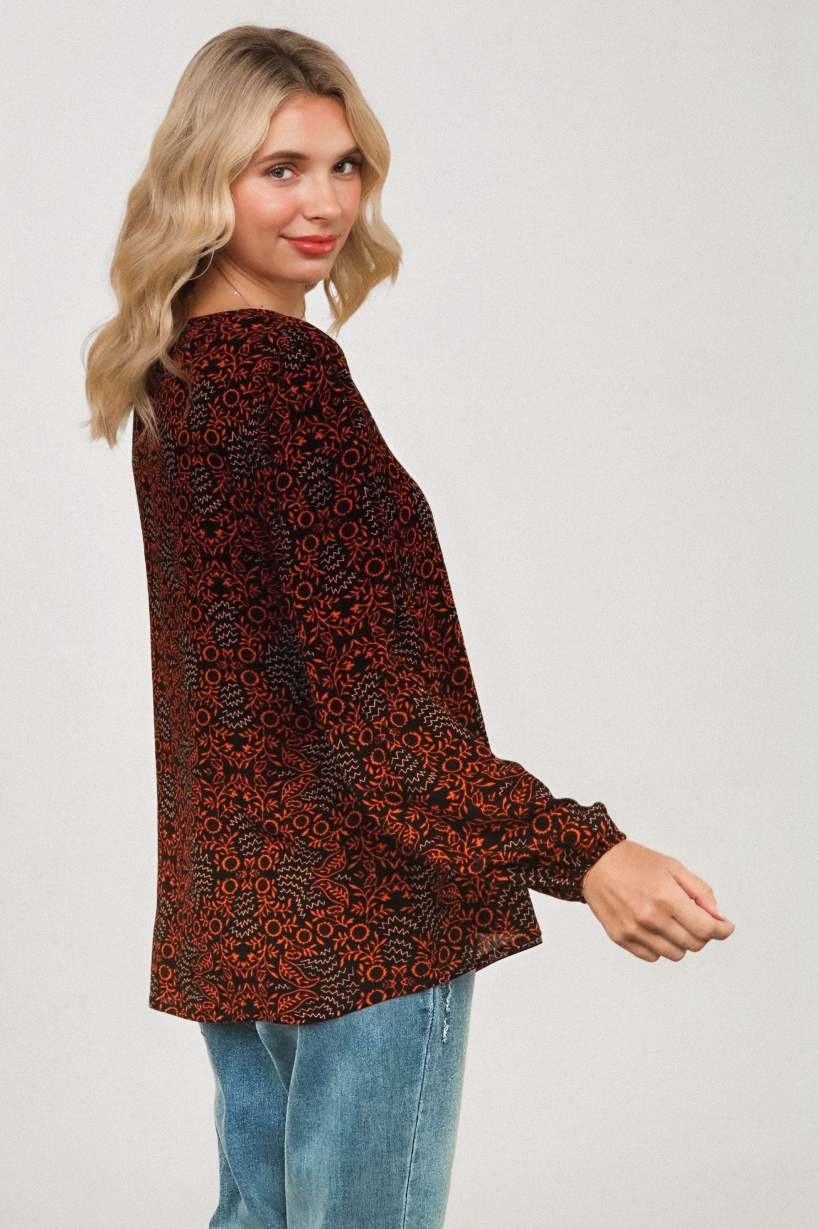 Tangerine Blooms V Neck Blouse