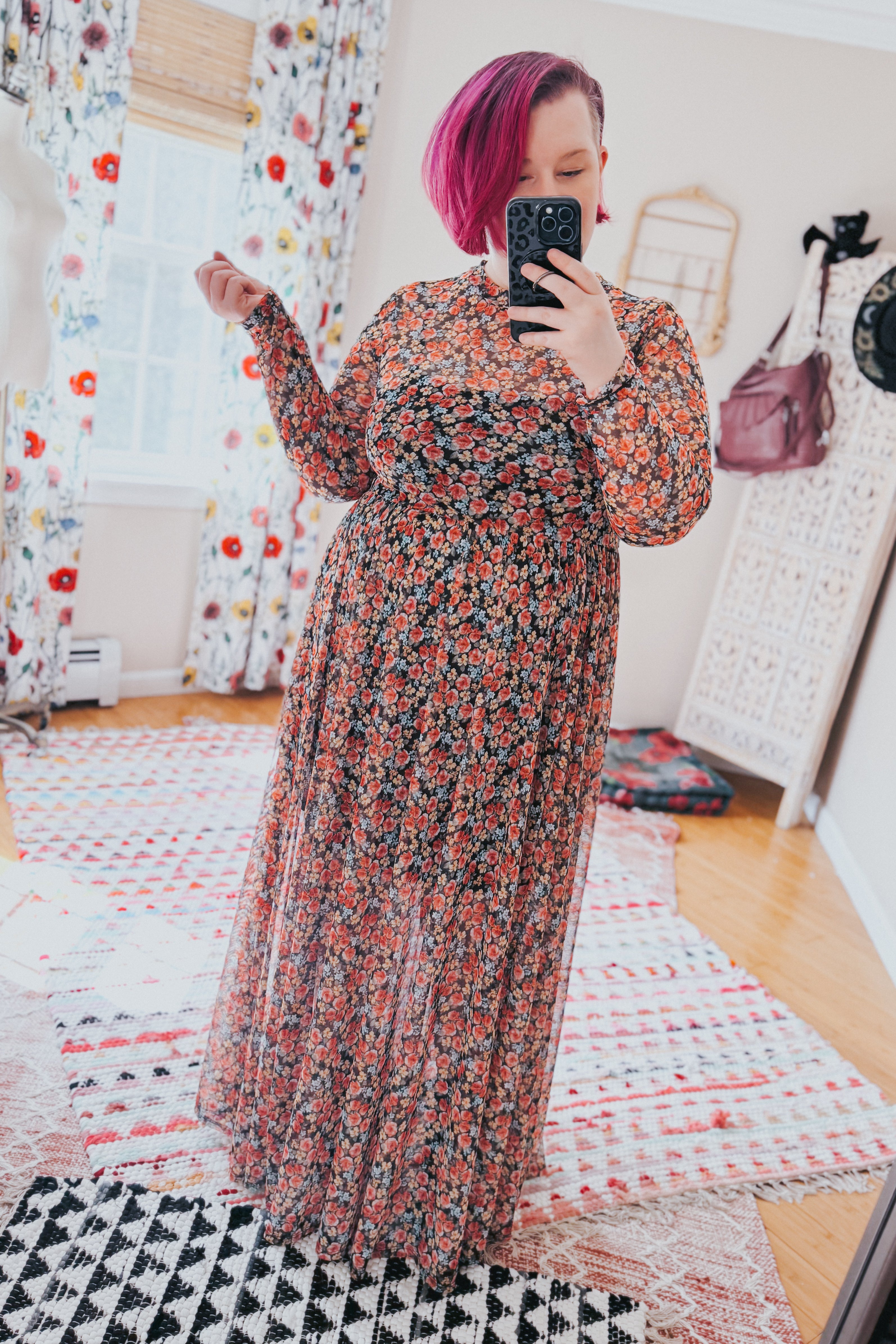 Full Bloom Long Sleeve Floral Print Mesh Maxi Dress