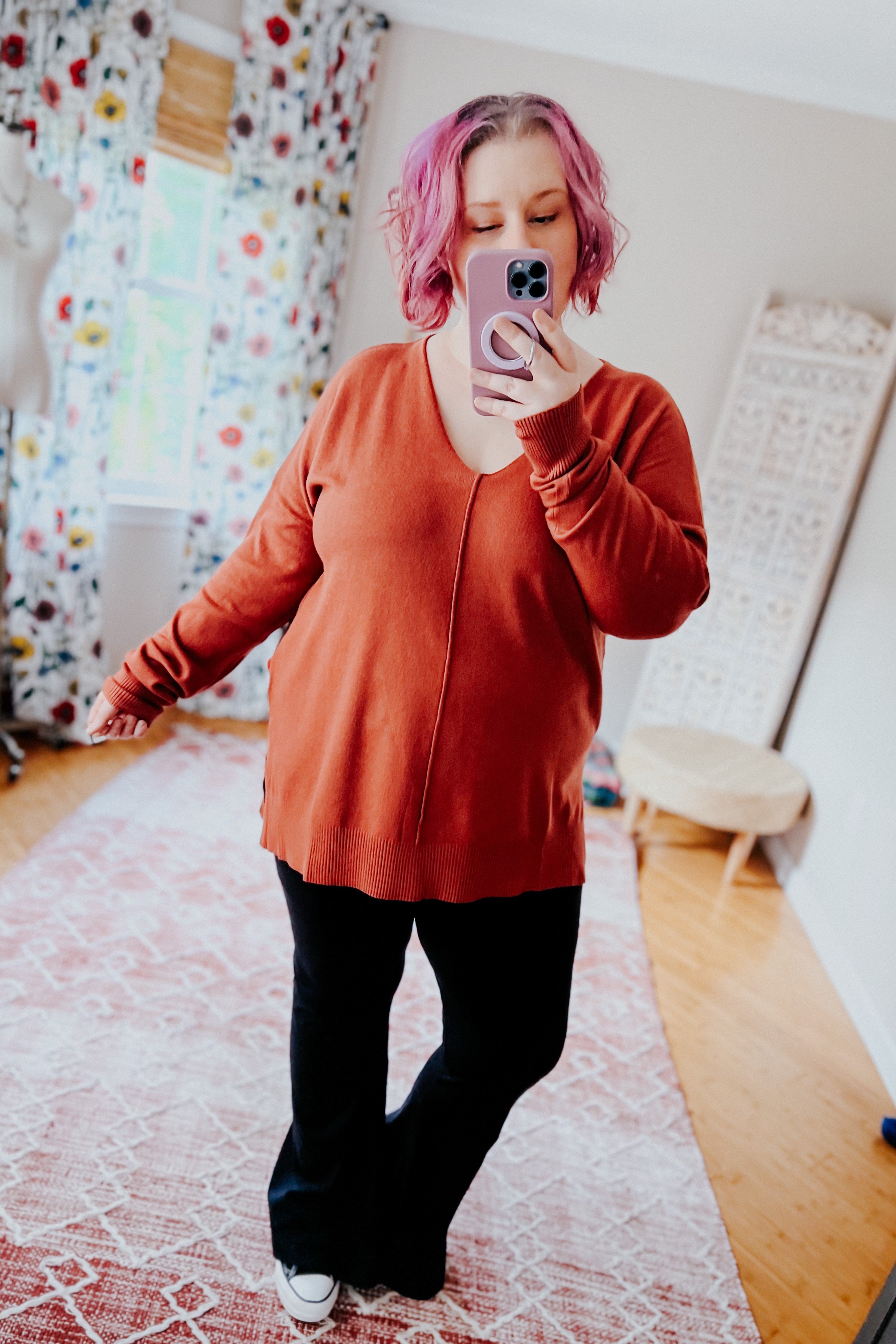 Hello Beautiful V Neck Sweater • Rust