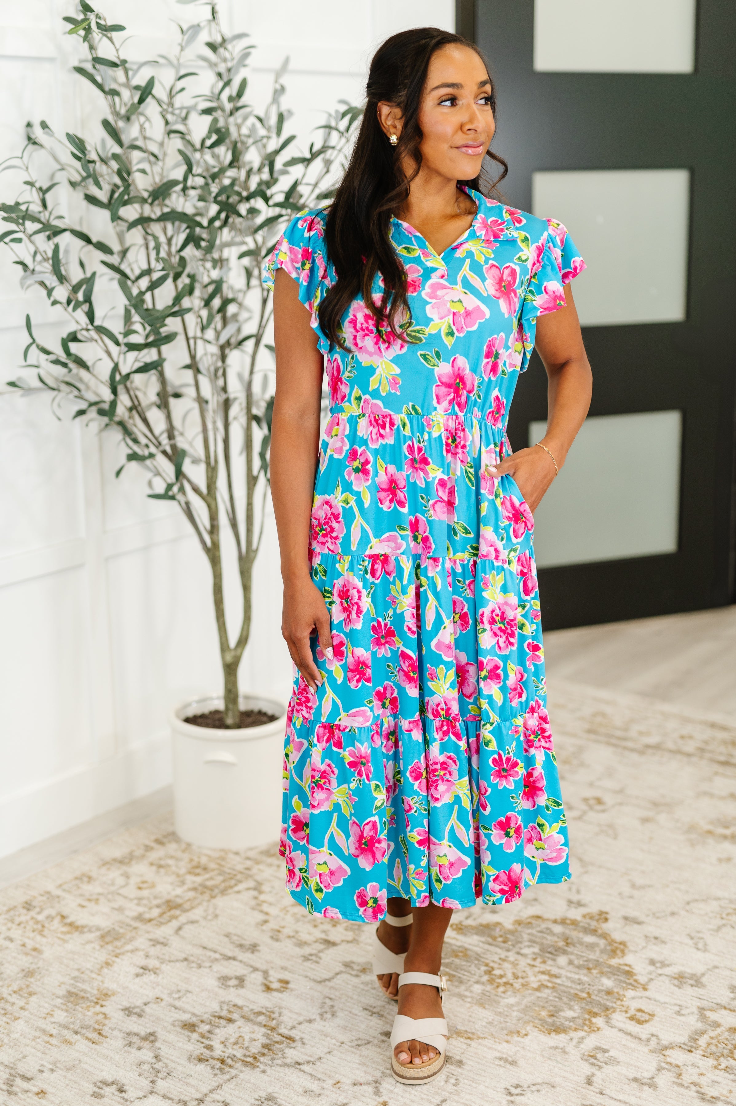 Fleurget Me Not Tiered Flutter Sleeve Dress • Aqua