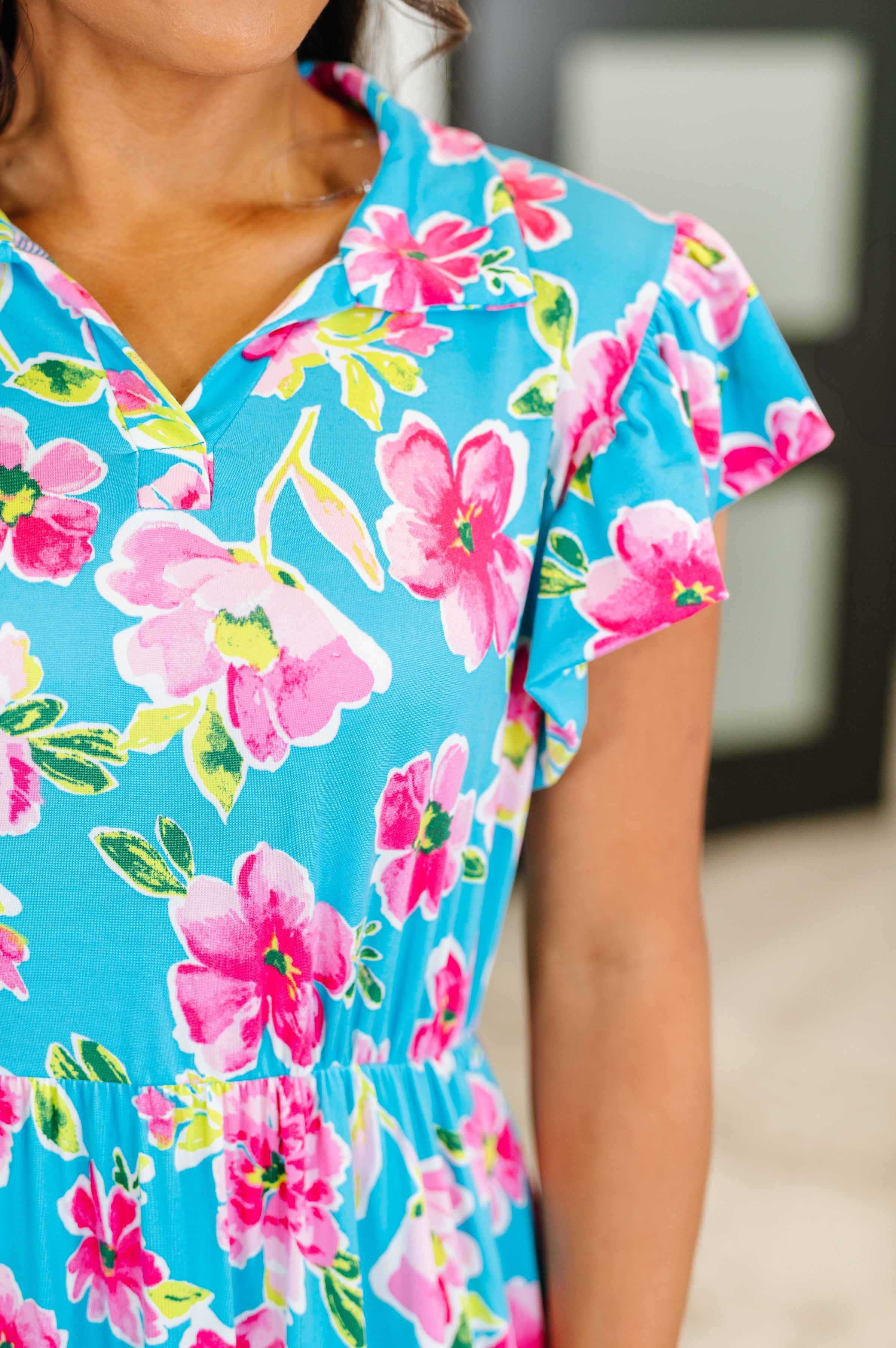 Fleurget Me Not Tiered Flutter Sleeve Dress • Aqua