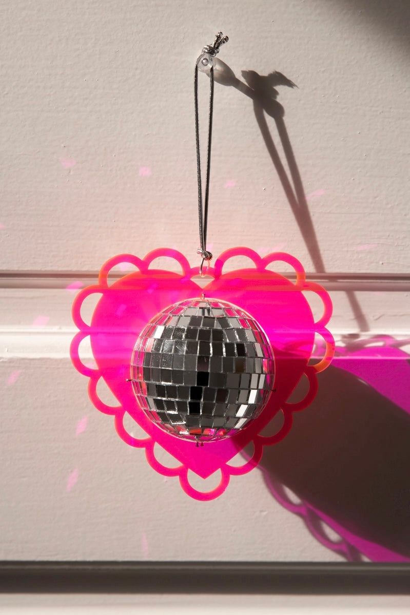 Hanging Mini Disco Scalloped Heart Sun Catcher • Hot Pink