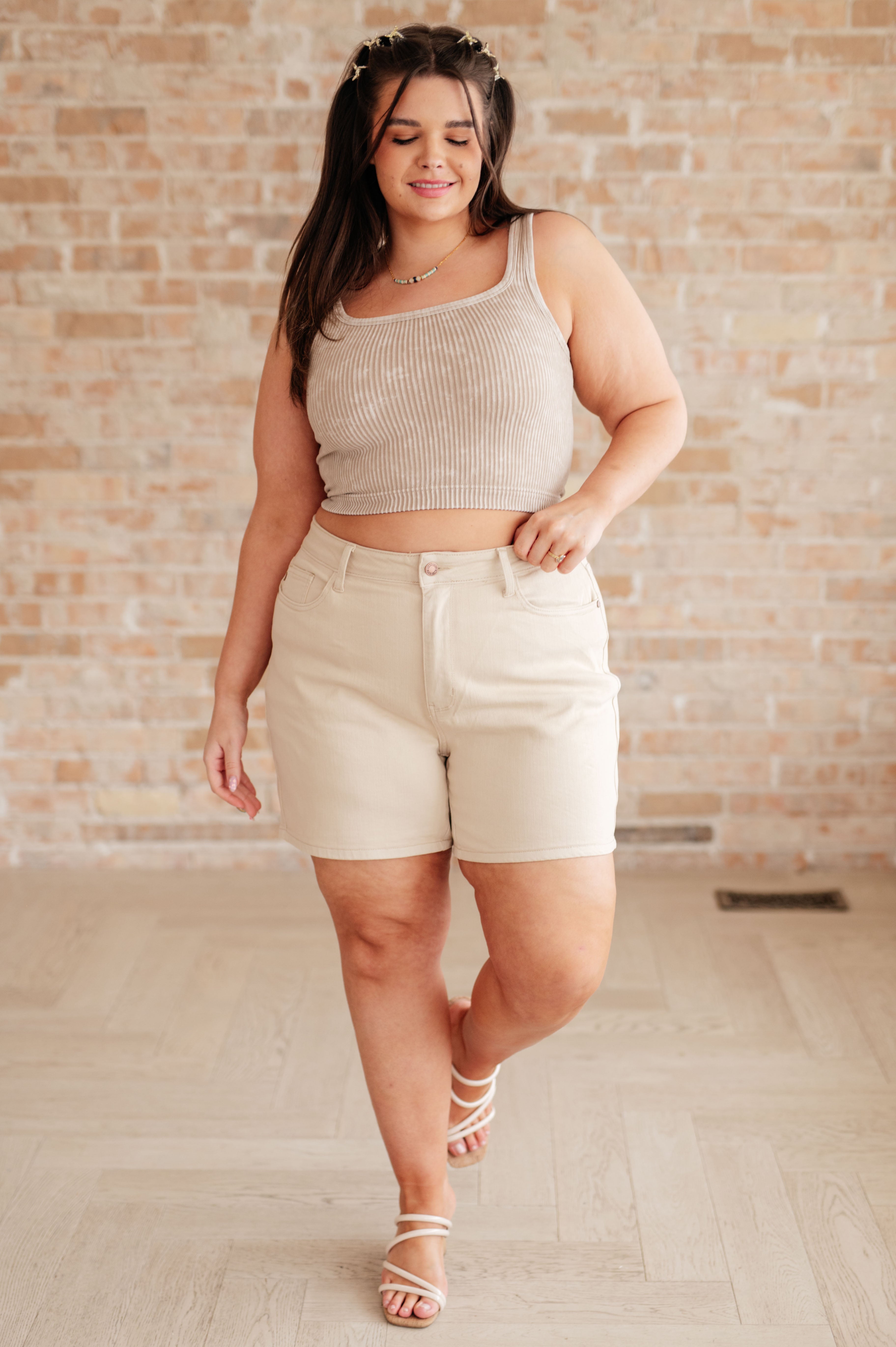 Greta High Rise Garment Dyed Shorts • Bone