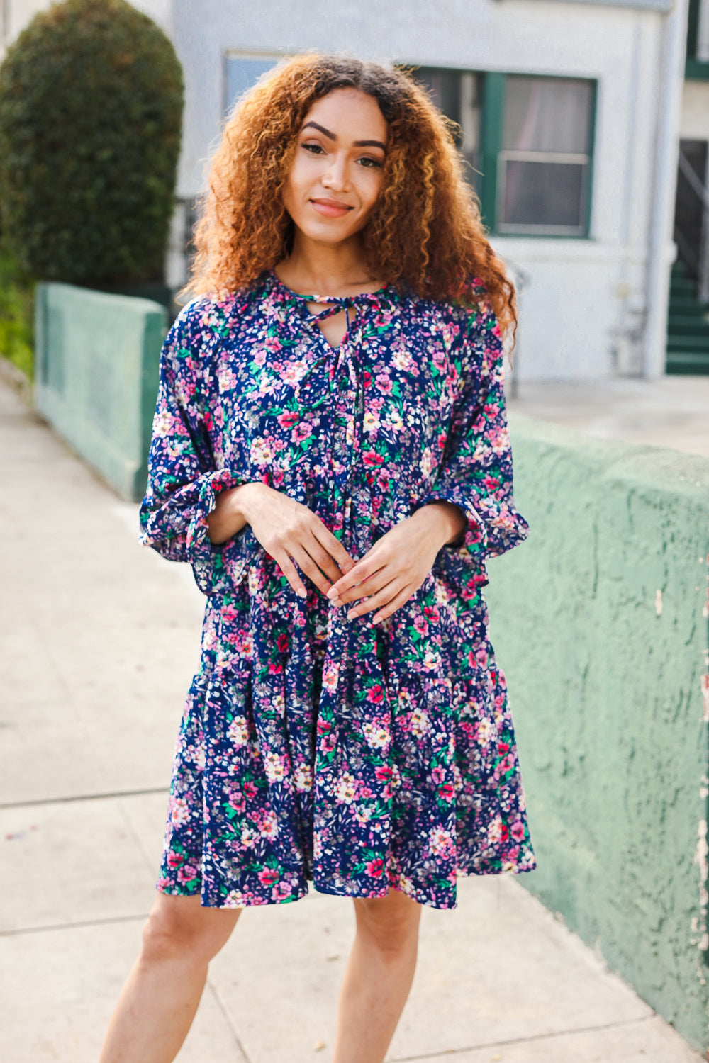 Back In Town Floral Bow Tie Babydoll Ruffle Sleeve Dress