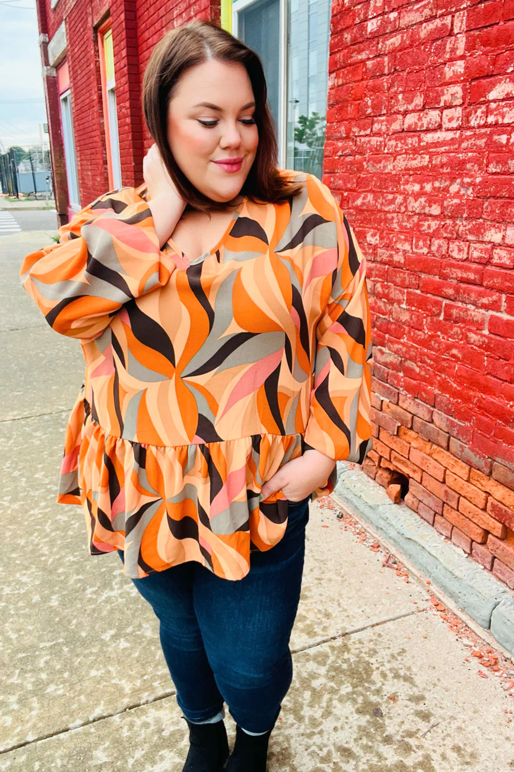 In My Thoughts Abstract V Neck Peplum Top