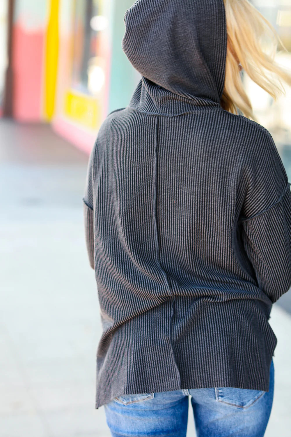 Cozy Up Mineral Wash Rib Knit Hoodie • Charcoal