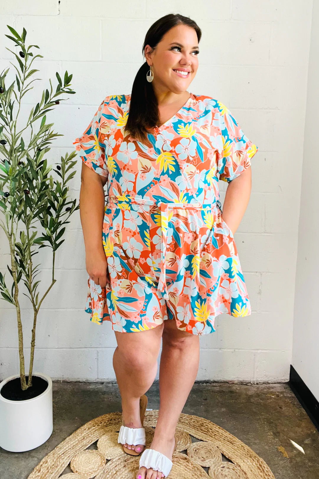 Tropical Trance Floral Surplice Woven Romper