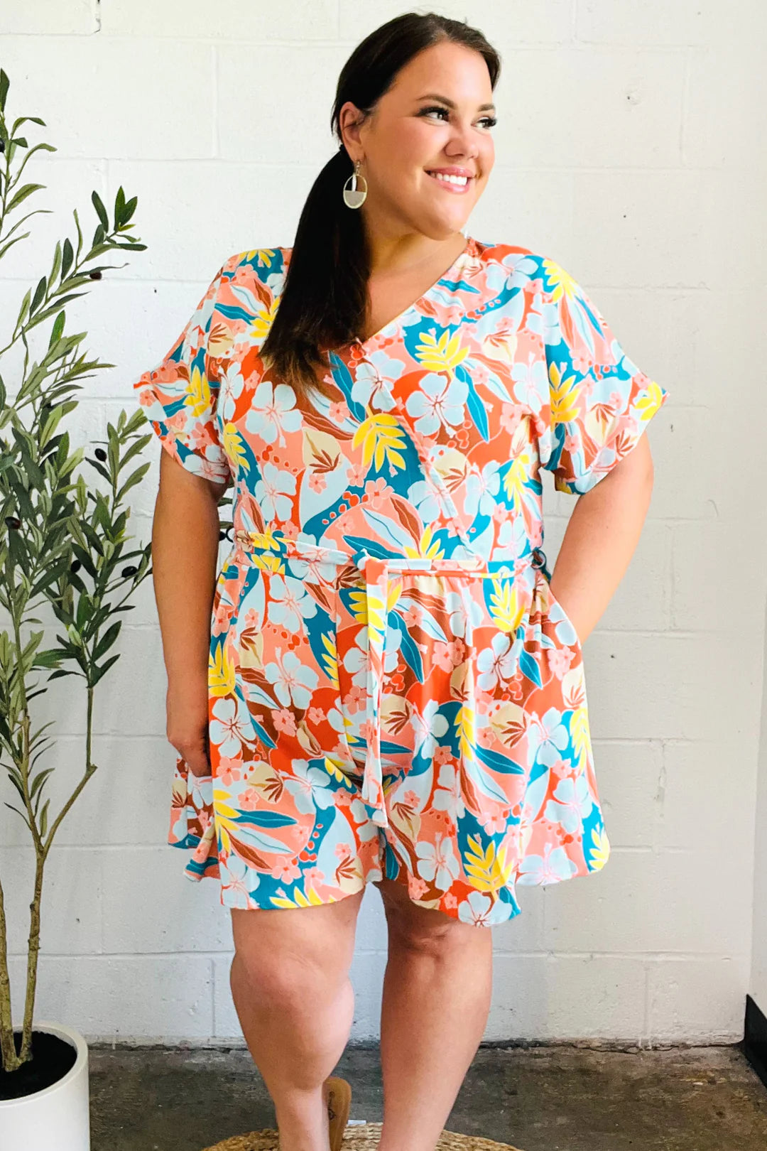 Tropical Trance Floral Surplice Woven Romper