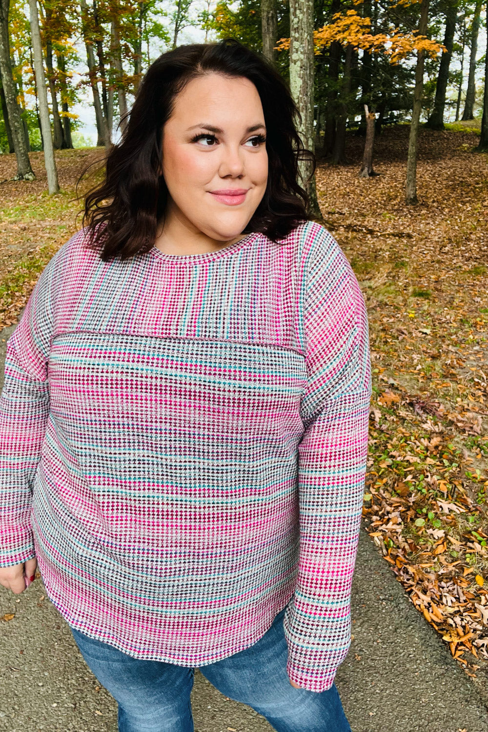 On The Run Magenta Multicolor Textured Knit Top