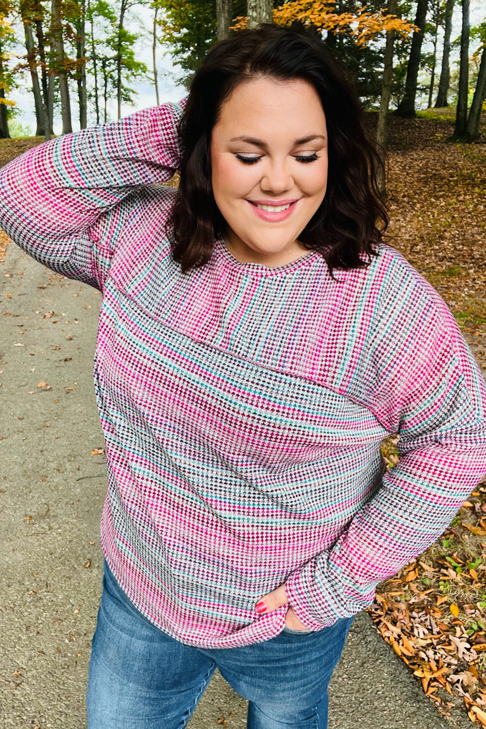 On The Run Magenta Multicolor Textured Knit Top