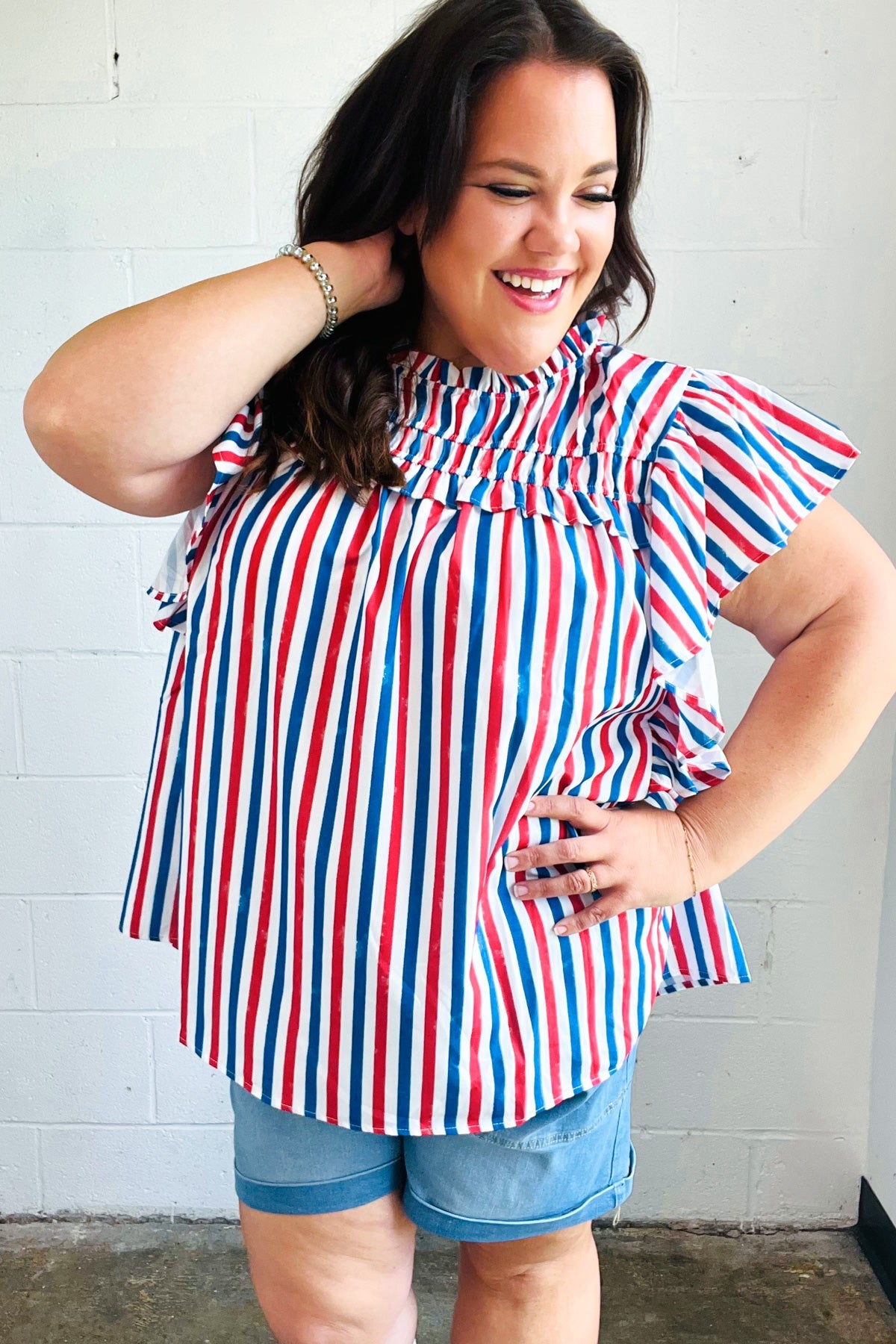 American Summer Striped Flutter Sleeve Top