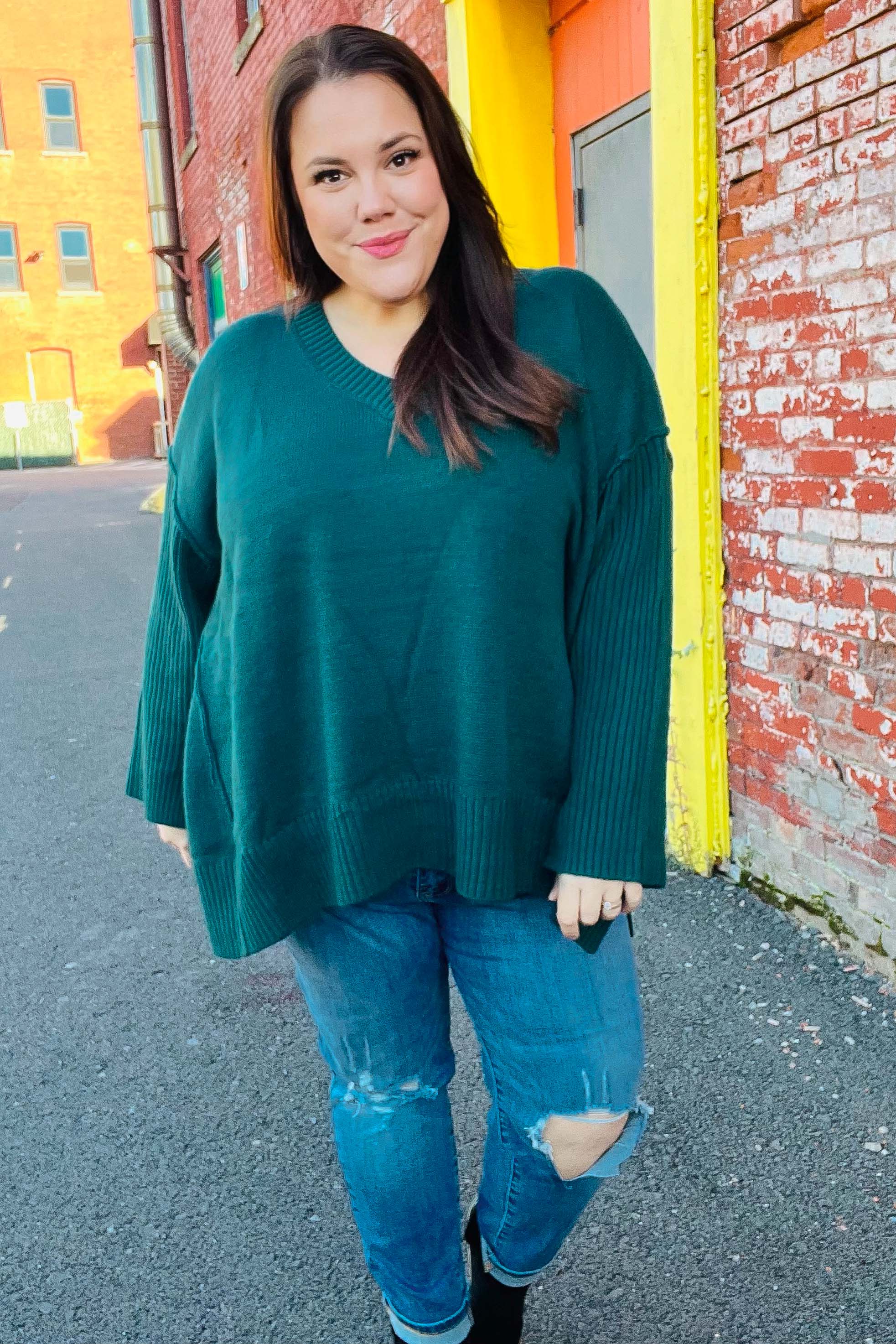 Daydream V Neck Rib Knit Sweater • Green