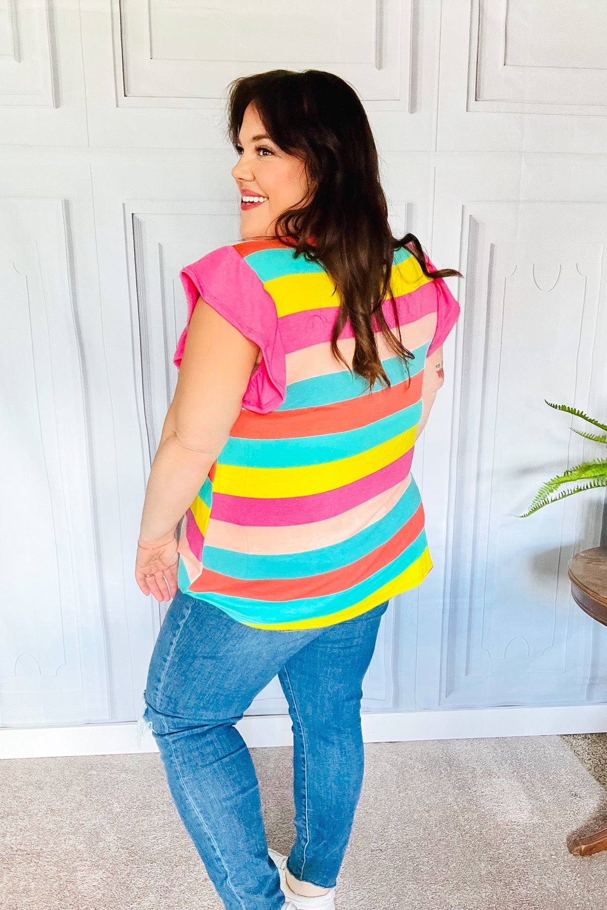 Relaxed Fun Stripe Flutter Sleeve Terry Knit Top