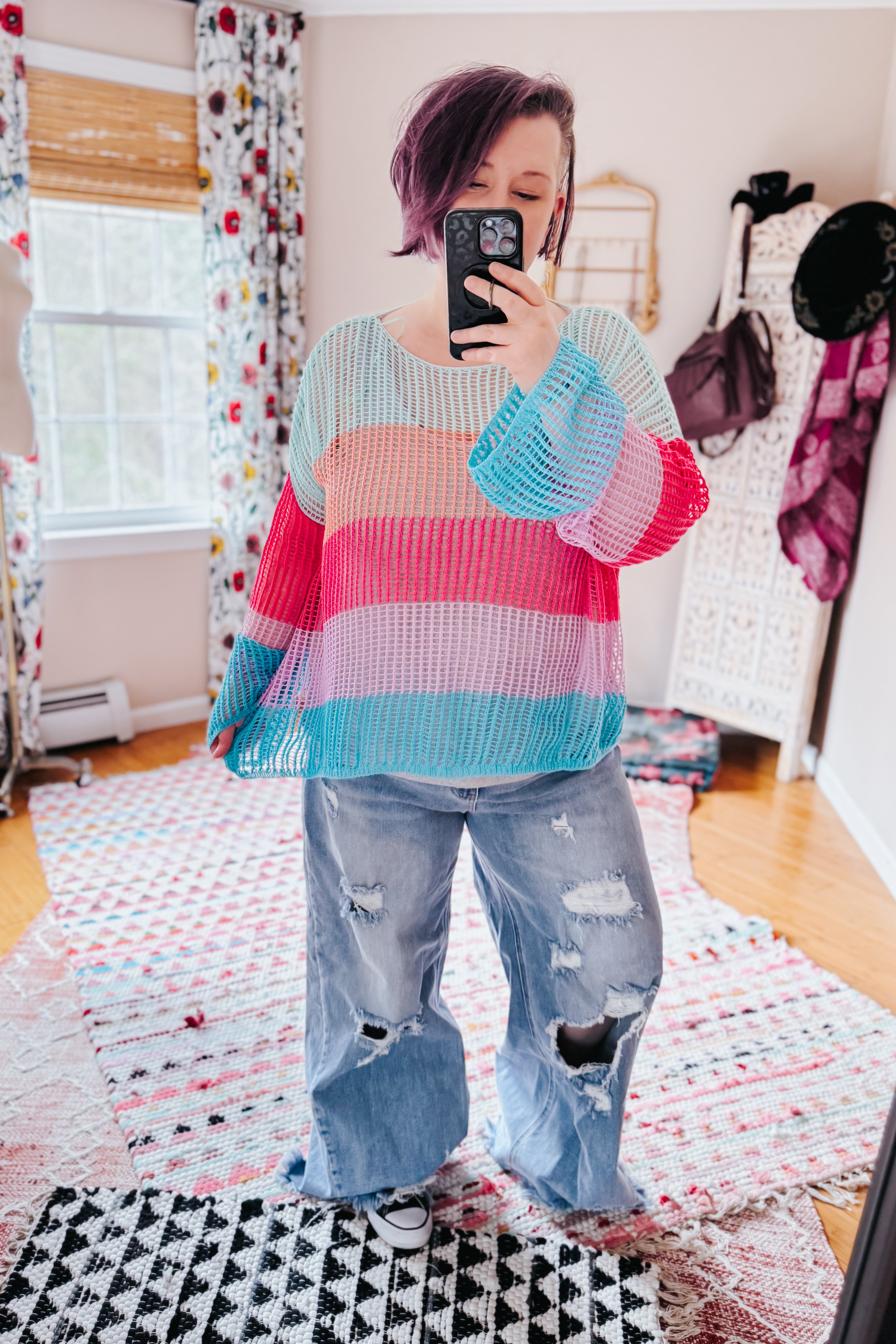 Friend Of A Friend Striped Bell Sleeve Crochet Mesh Pullover