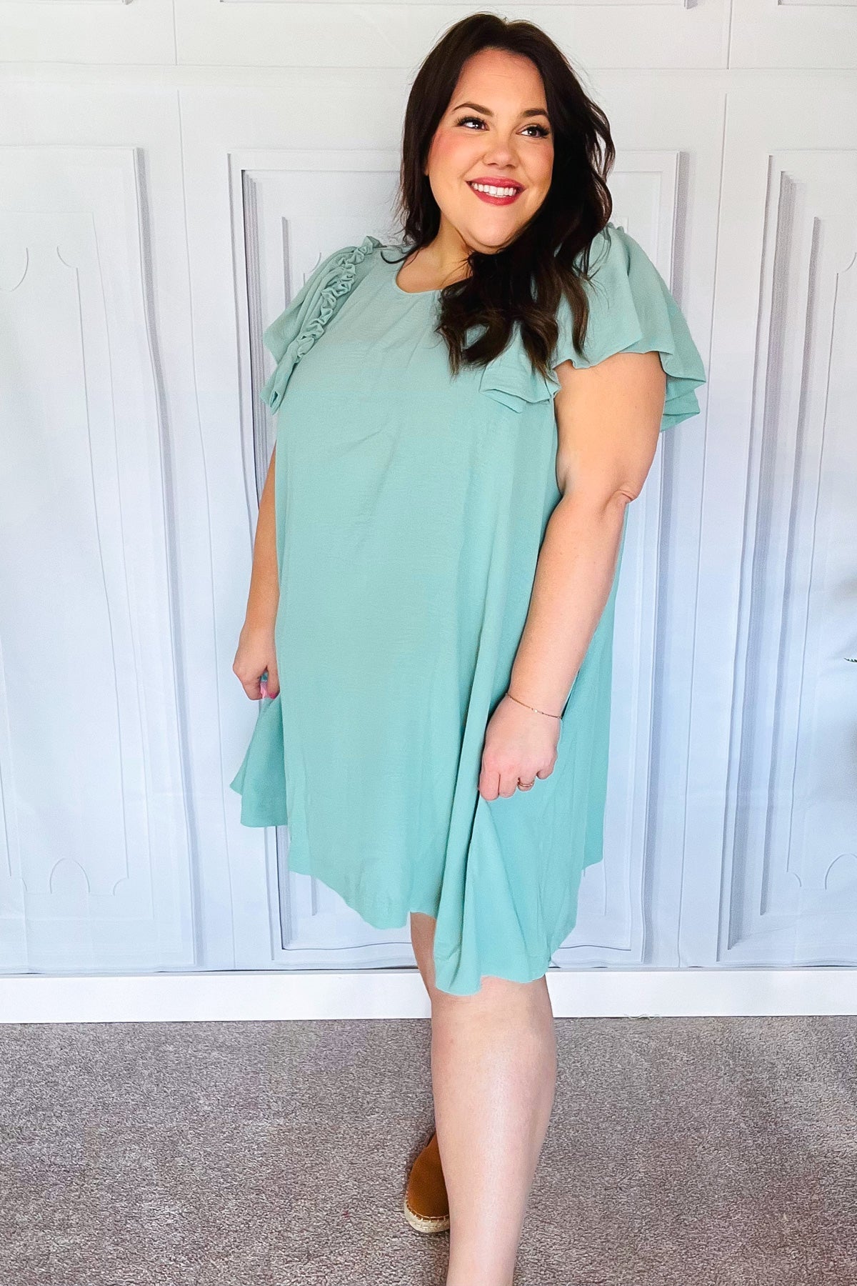 Out For The Day Crinkle Woven Ruffle Sleeve Dress • Sage