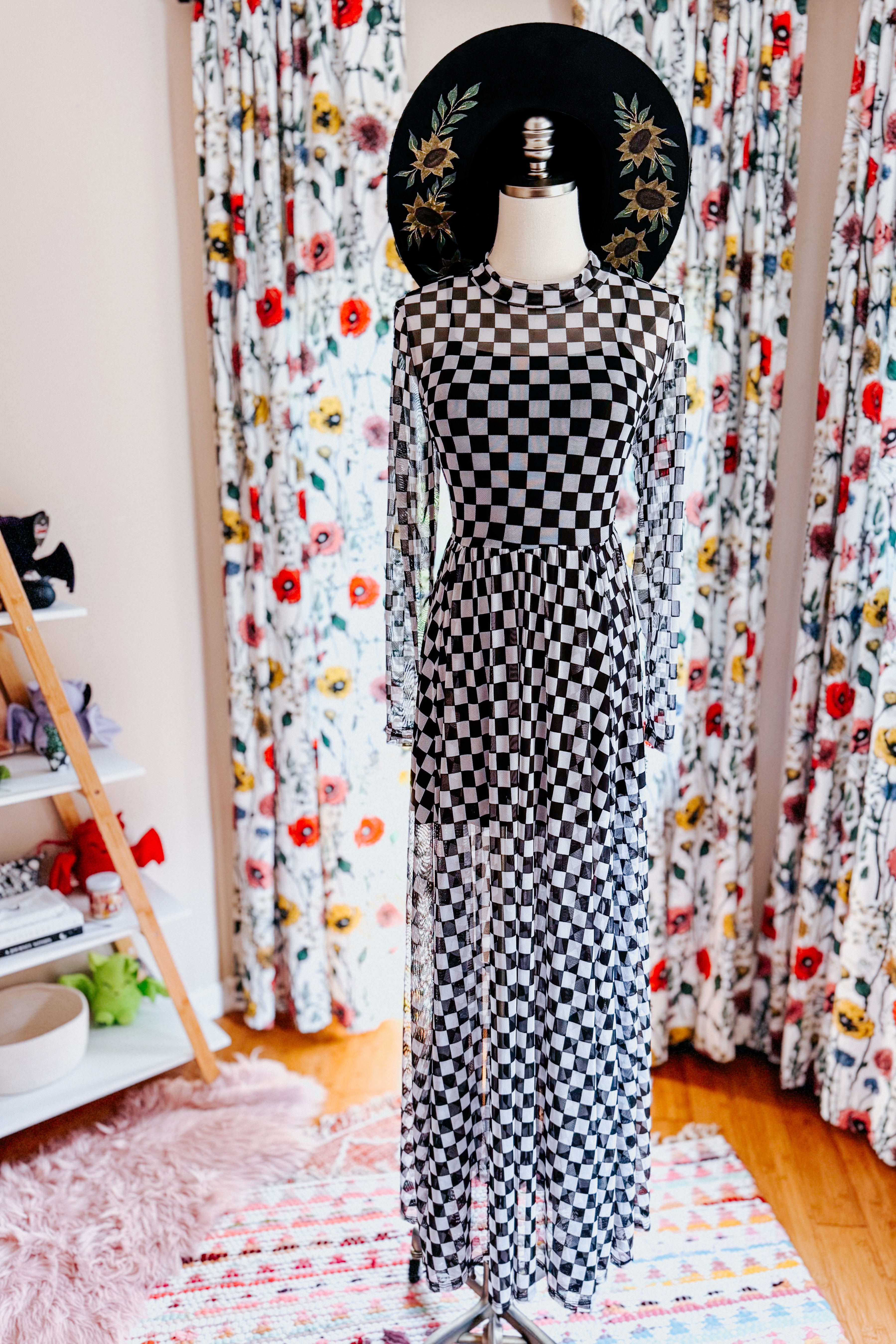 No Compromise Long Sleeve Checkered Print Mesh Maxi Dress