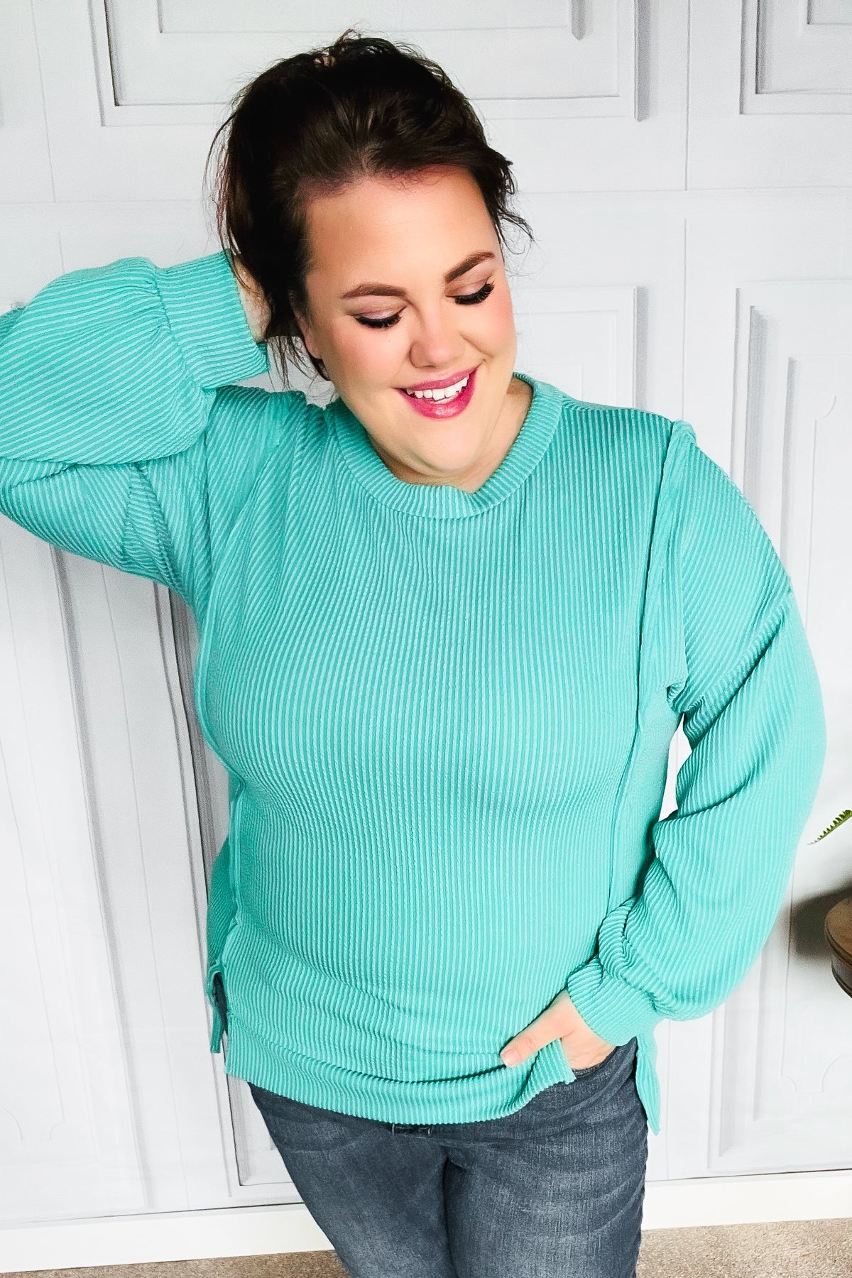 Live For Today Mineral Washed Rib Knit Pullover • Mint
