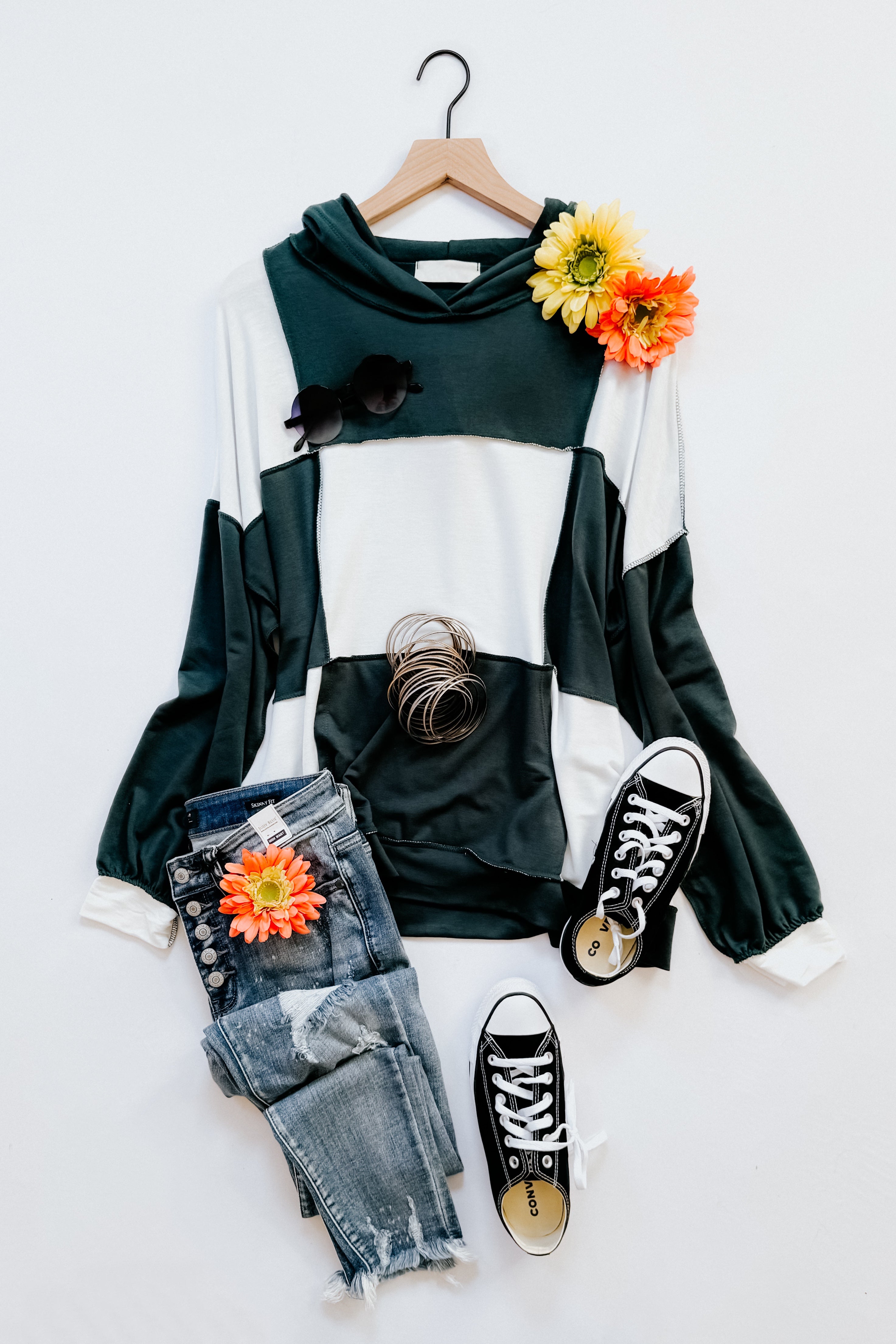 Heart Open Color Block Terry Knit Hoodie