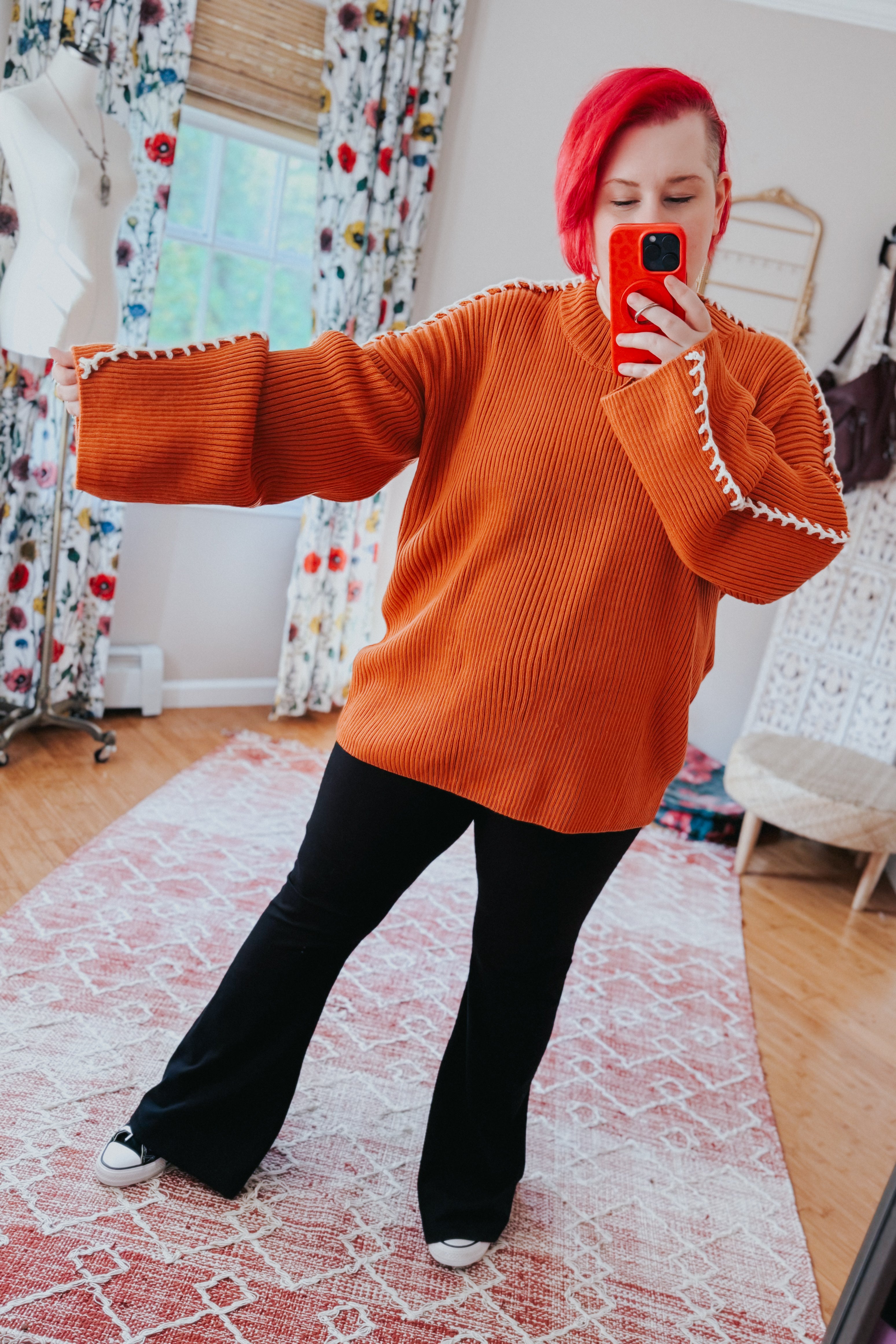 All I Got Rib Knit Stitch Detail Sweater • Rust