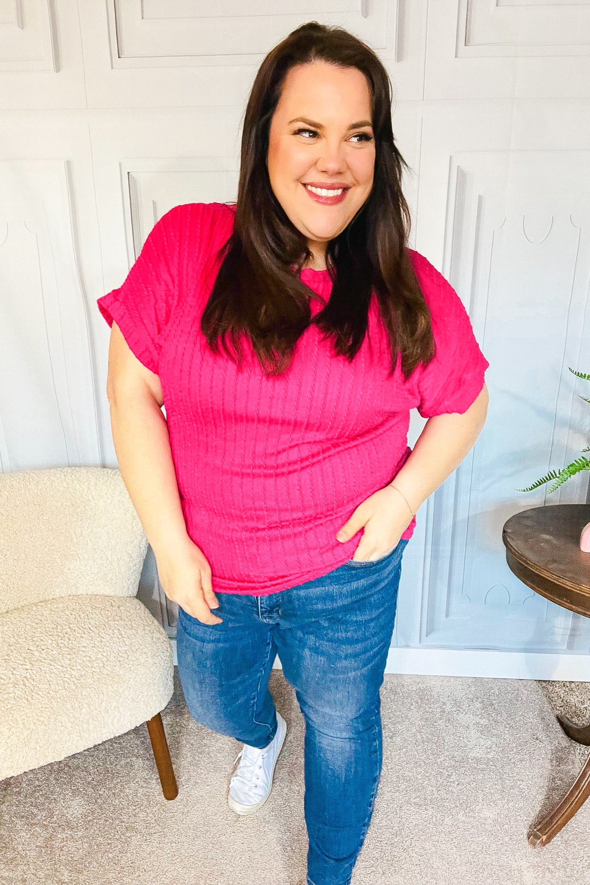 Be Your Best Cable Knit Sweater Top • Fuchsia