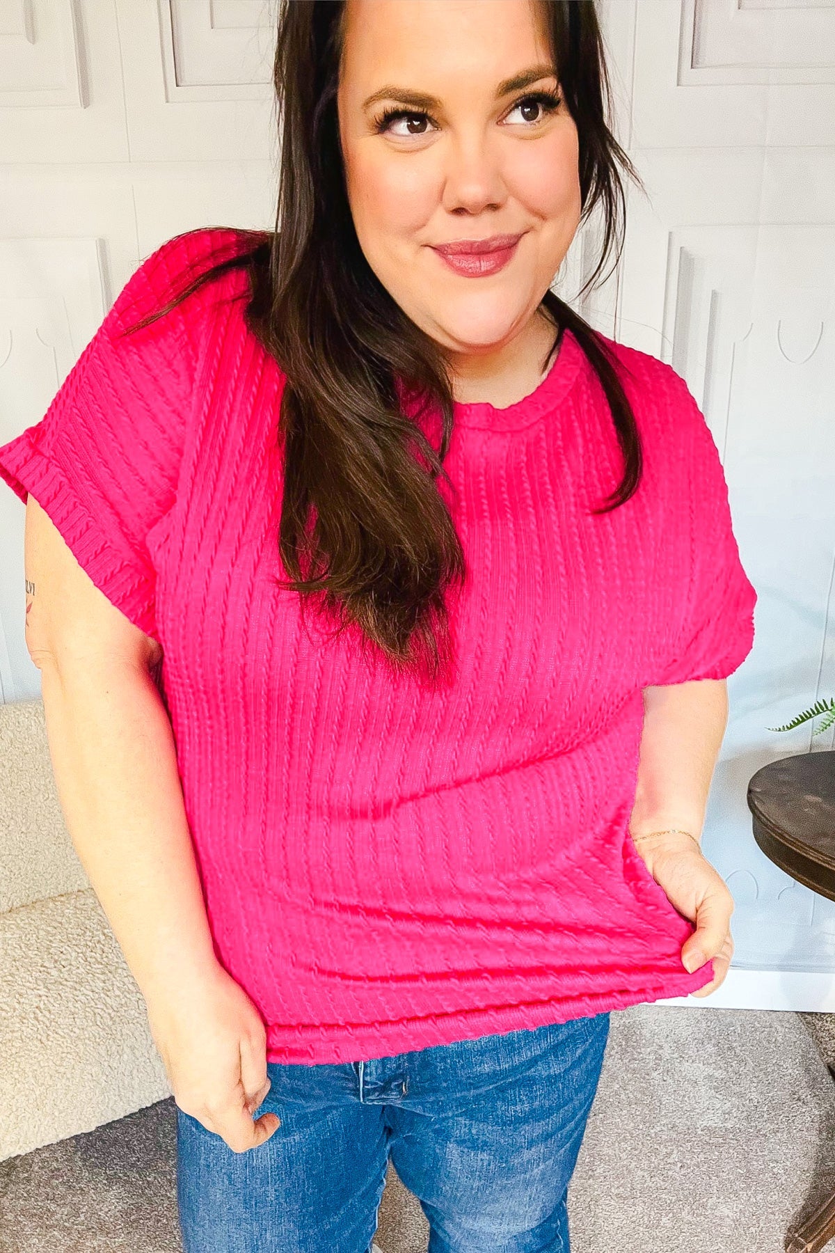 Be Your Best Cable Knit Sweater Top • Fuchsia