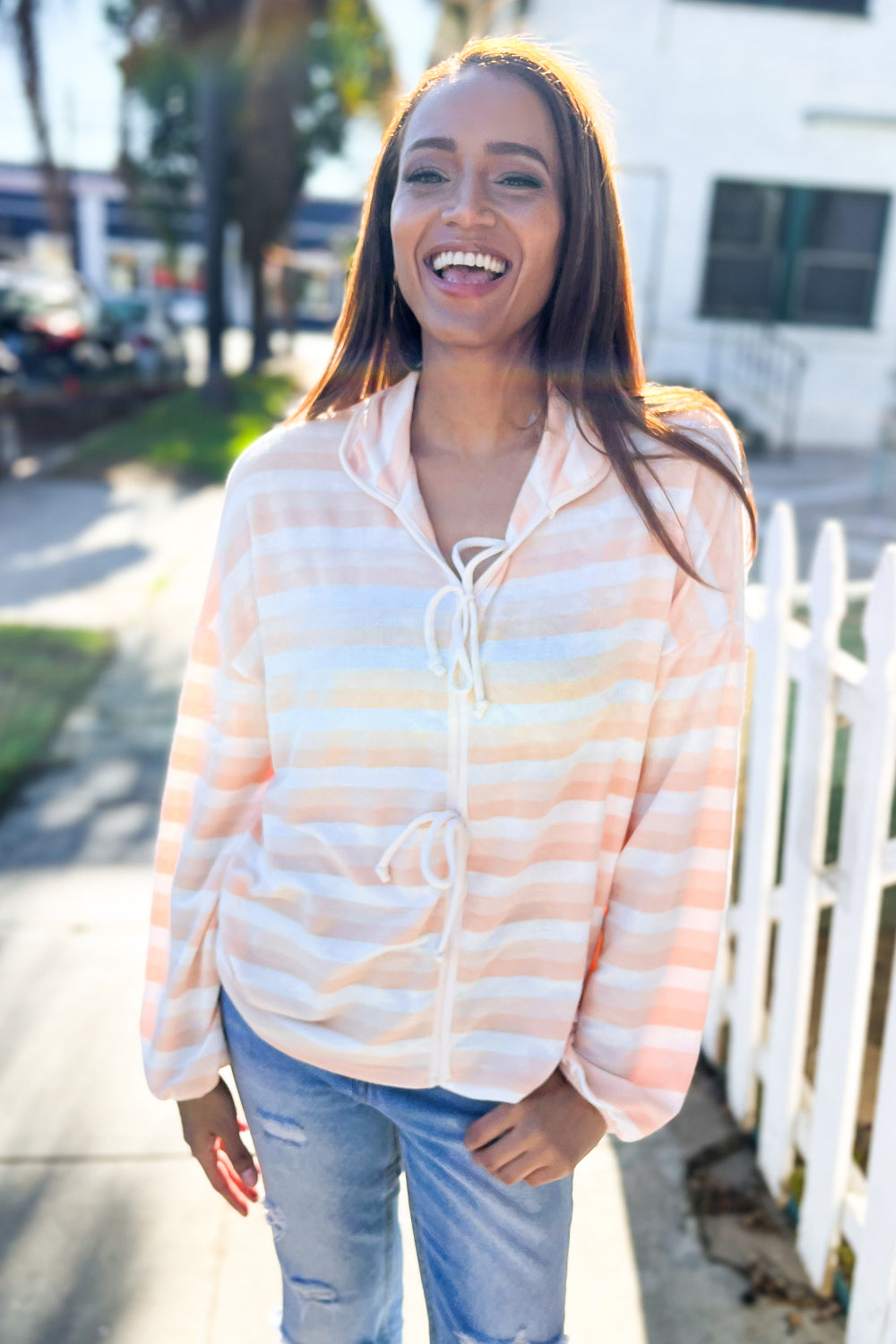 What You Say Striped Bow Tie Terry Top • Beige