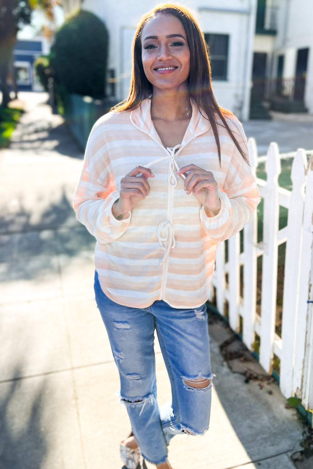 What You Say Striped Bow Tie Terry Top • Beige