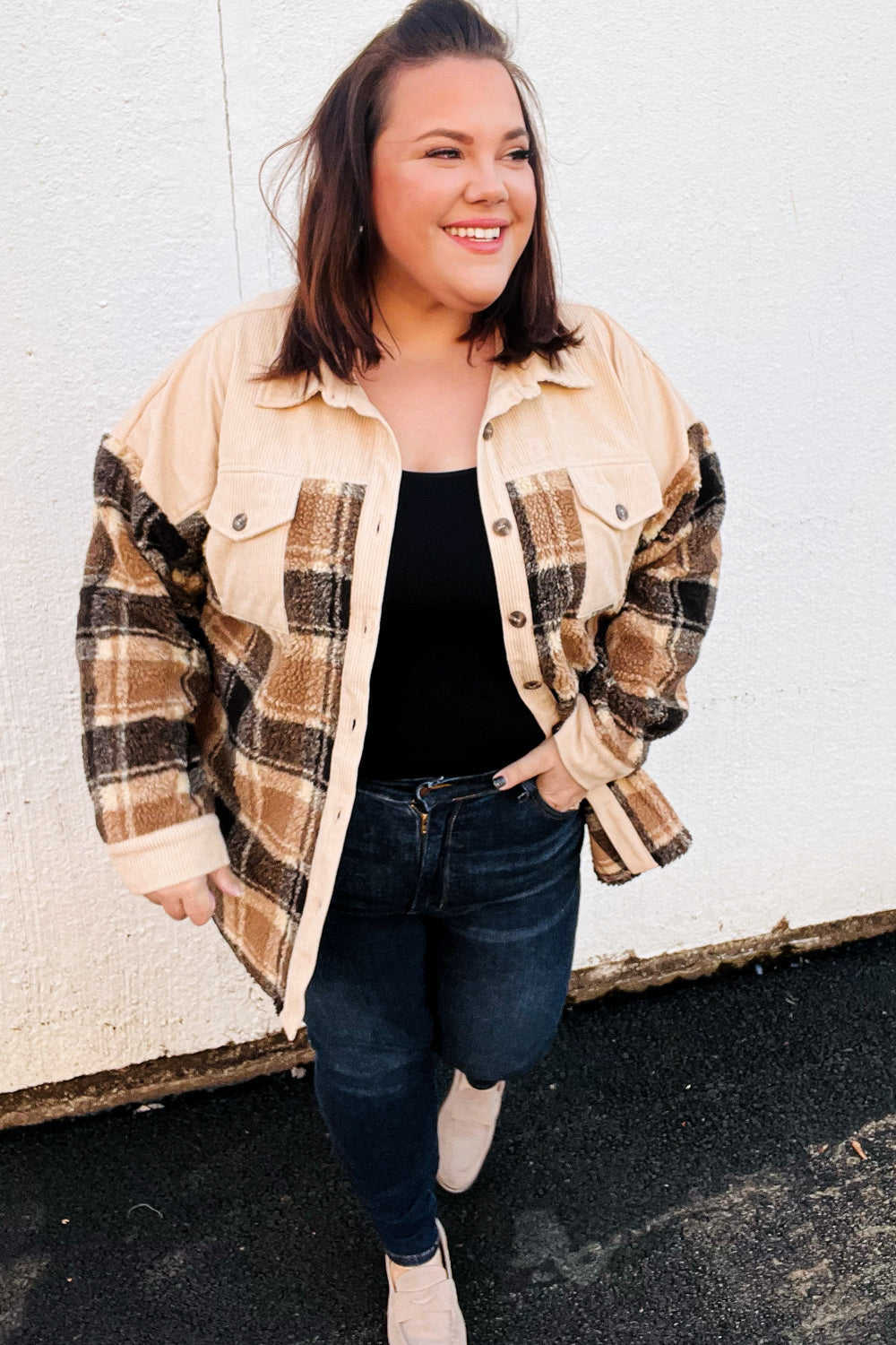 Adorable In Corduroy & Plaid Sherpa Button Jacket • Taupe