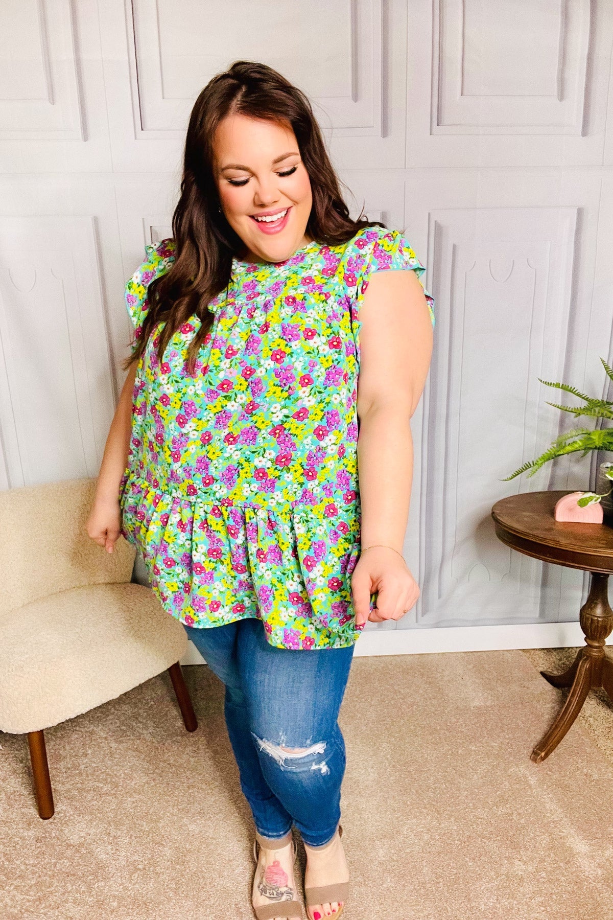 All For You Floral Flutter Sleeve Top • Green